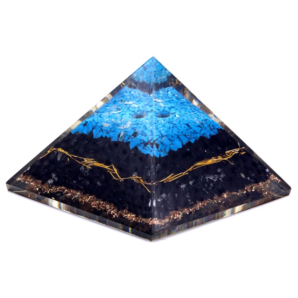 Orgonit-Pyramide mit Türkis & schwarzem Turmalin - 7 cm Schutzstein