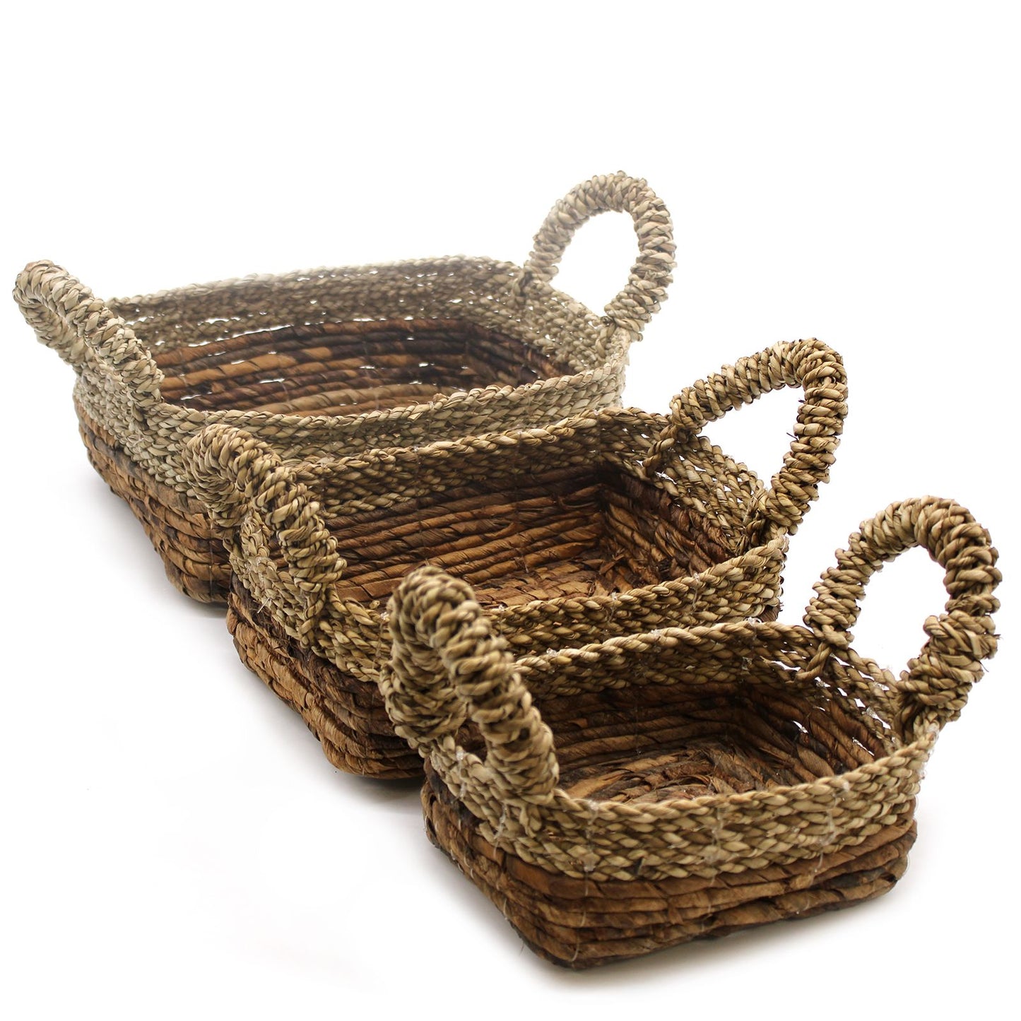 Set mit 3 quadratischen Körben aus Bananenblatt & Seegras – Handgeflochten, 27x21x18 cm