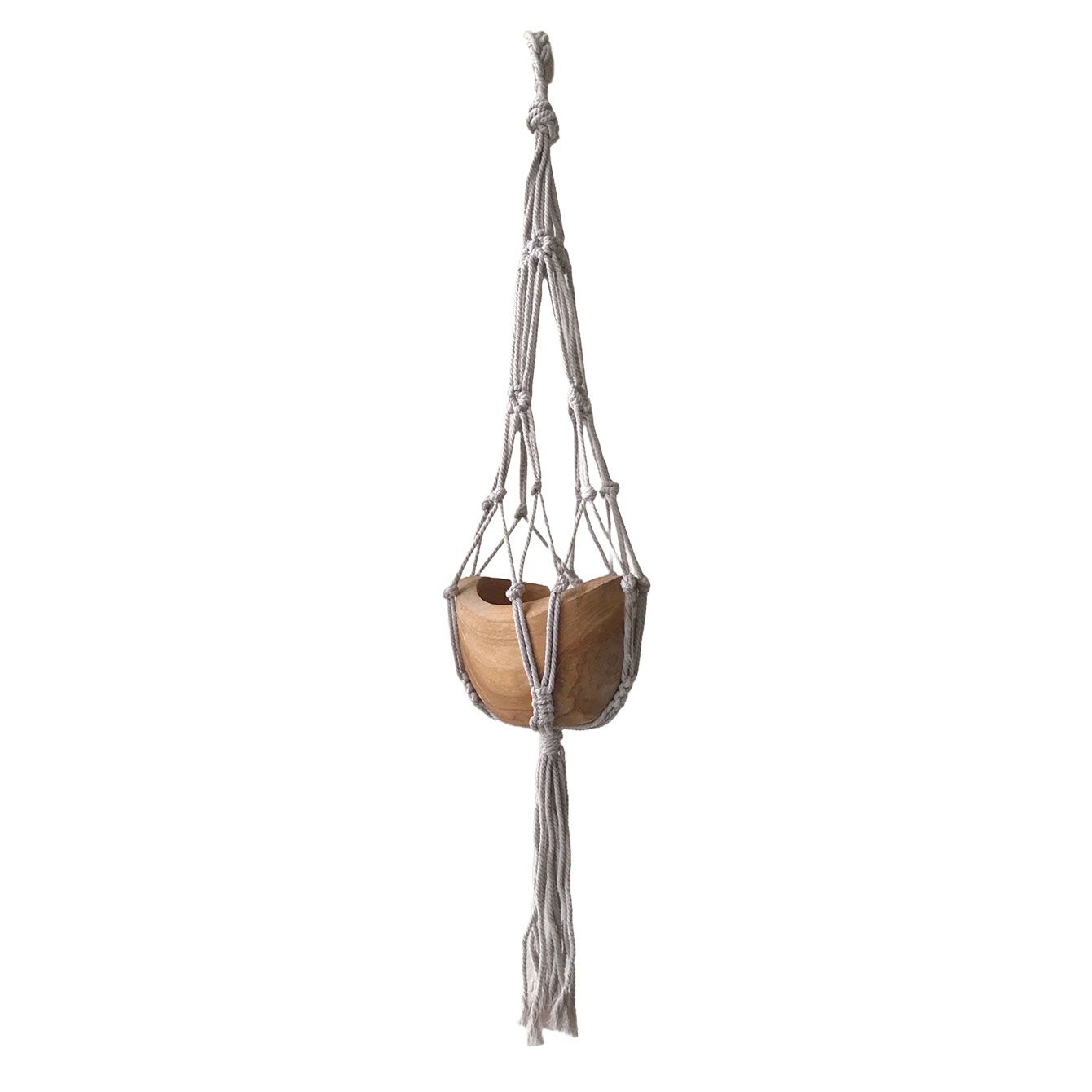 Handgeknüpfter Makramee-Pflanzenhänger mit Holzring - Beige, 75 cm