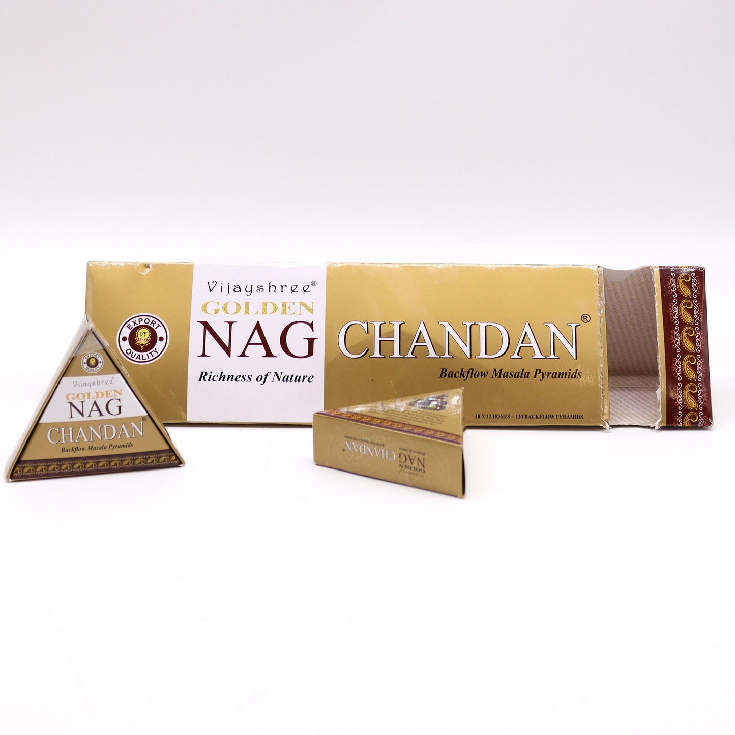 Goldene Chandan Räucherkegel Jumbo (10er Pack) mit Wasserfall-Rauch