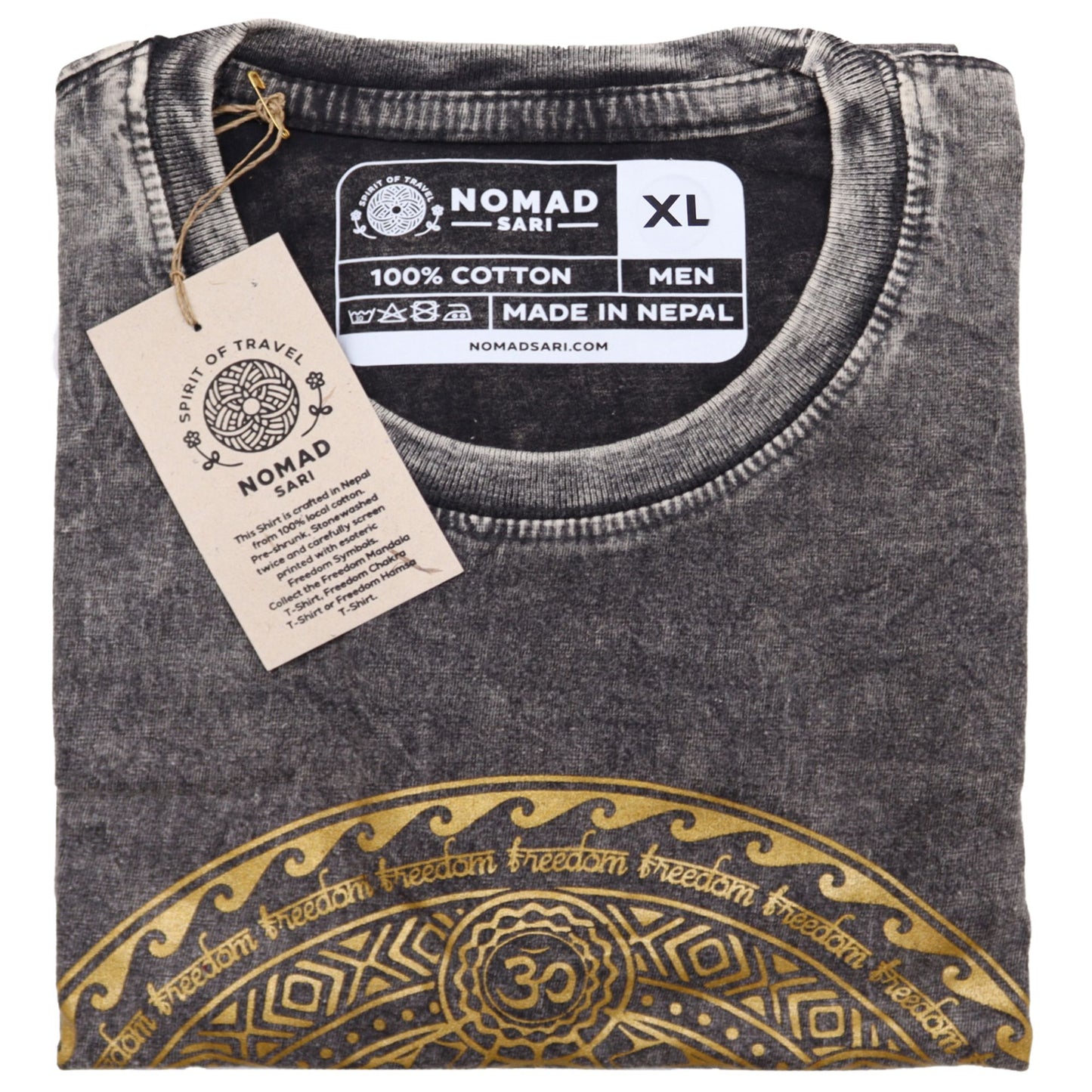 Steinwäsche T-Shirt mit Chakra-Motiv in Dunkelgrau