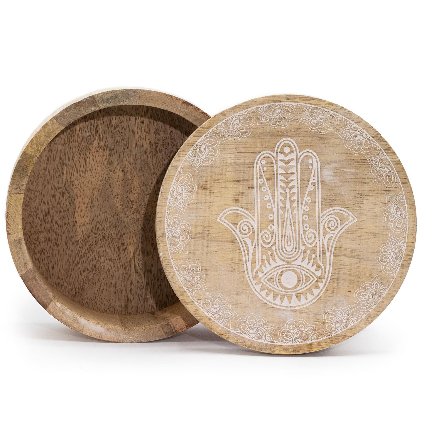Weiße Hamsa Rundbox aus Mangoholz - 17,5 cm Ø - Handgraviert
