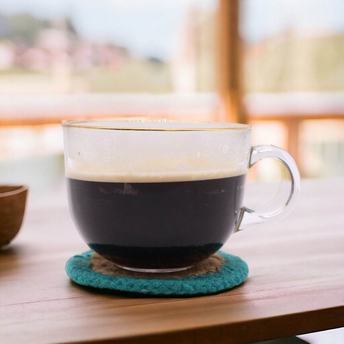 Boho Untersetzer-Set mit türkiser Bordüre – 4 Stück aus Jute & Baumwolle