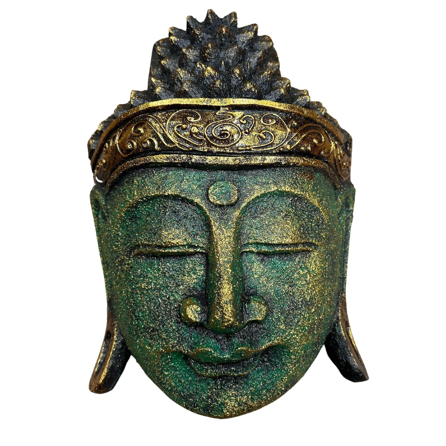 Buddha-Kopf in Grünschimmer - Handgeschnitzte Skulptur aus Albasia-Holz, 25 cm