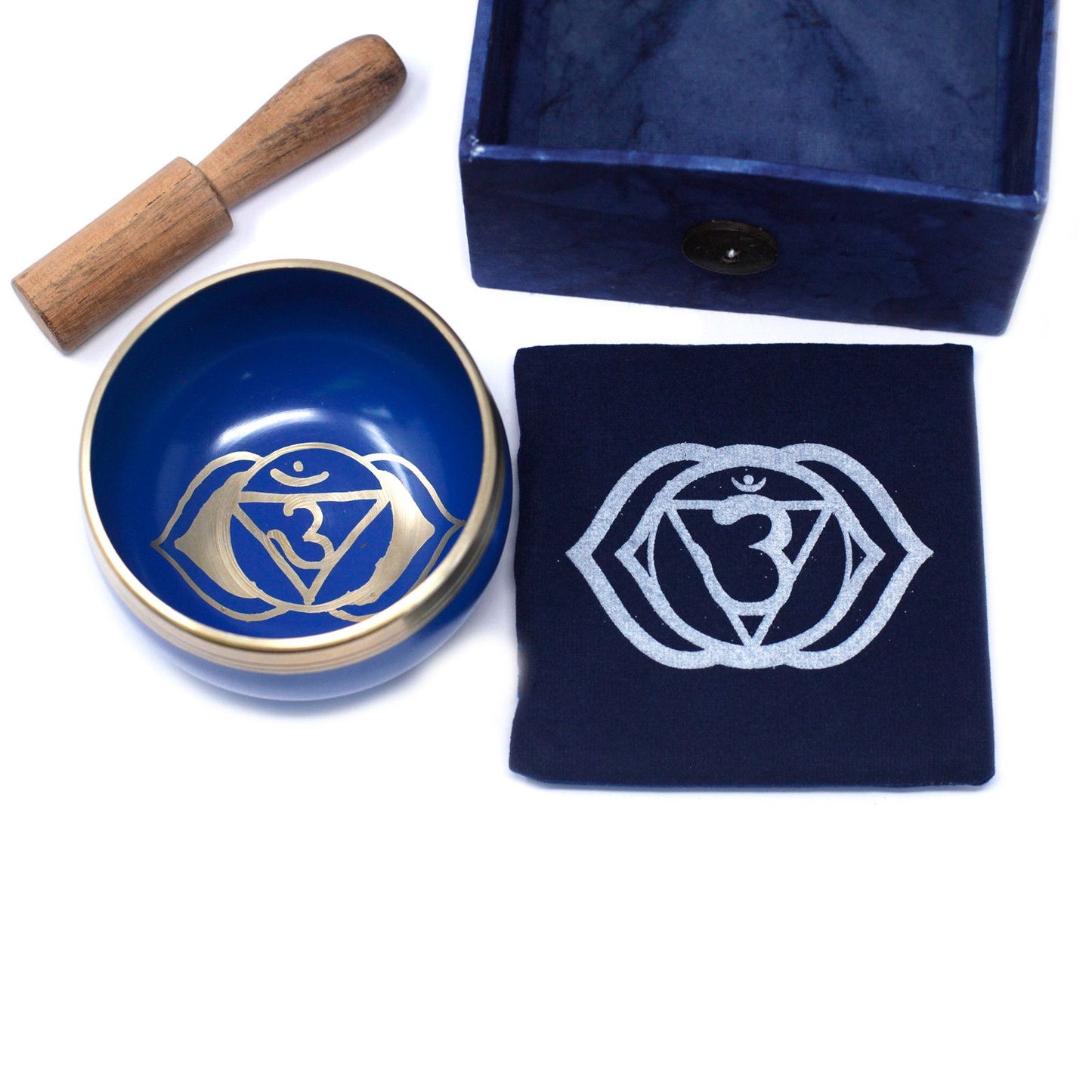 Indigo Klangschale für das Dritte Auge – Messing-Set mit Holzschlägel
