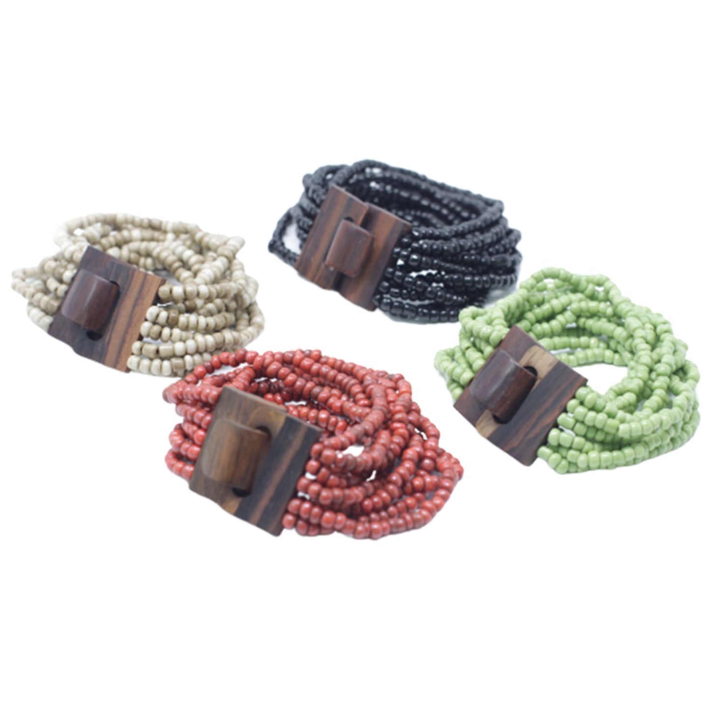 Armband aus Kokosholz mit bunten Perlen und Holzverschluss