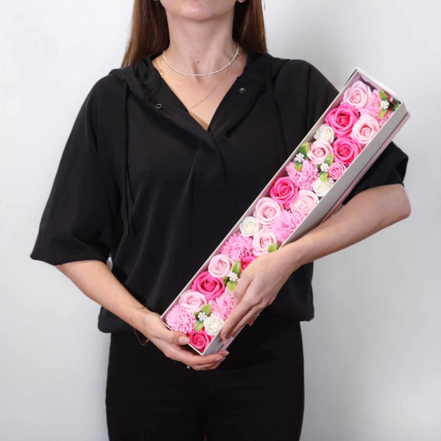 Seifenblumen-Geschenkbox 'Baby-Segen' in Zartrosa – Längliches Design