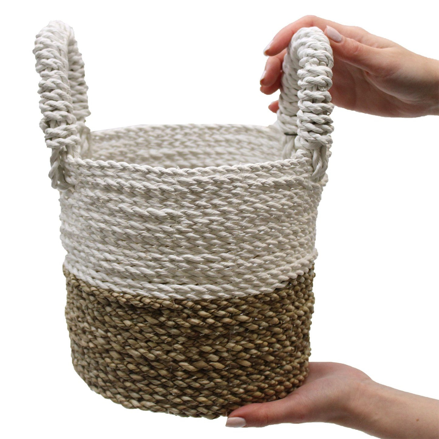Set aus 3 handgeflochtenen Seegras-Körben in Grau, Natur & Weiß