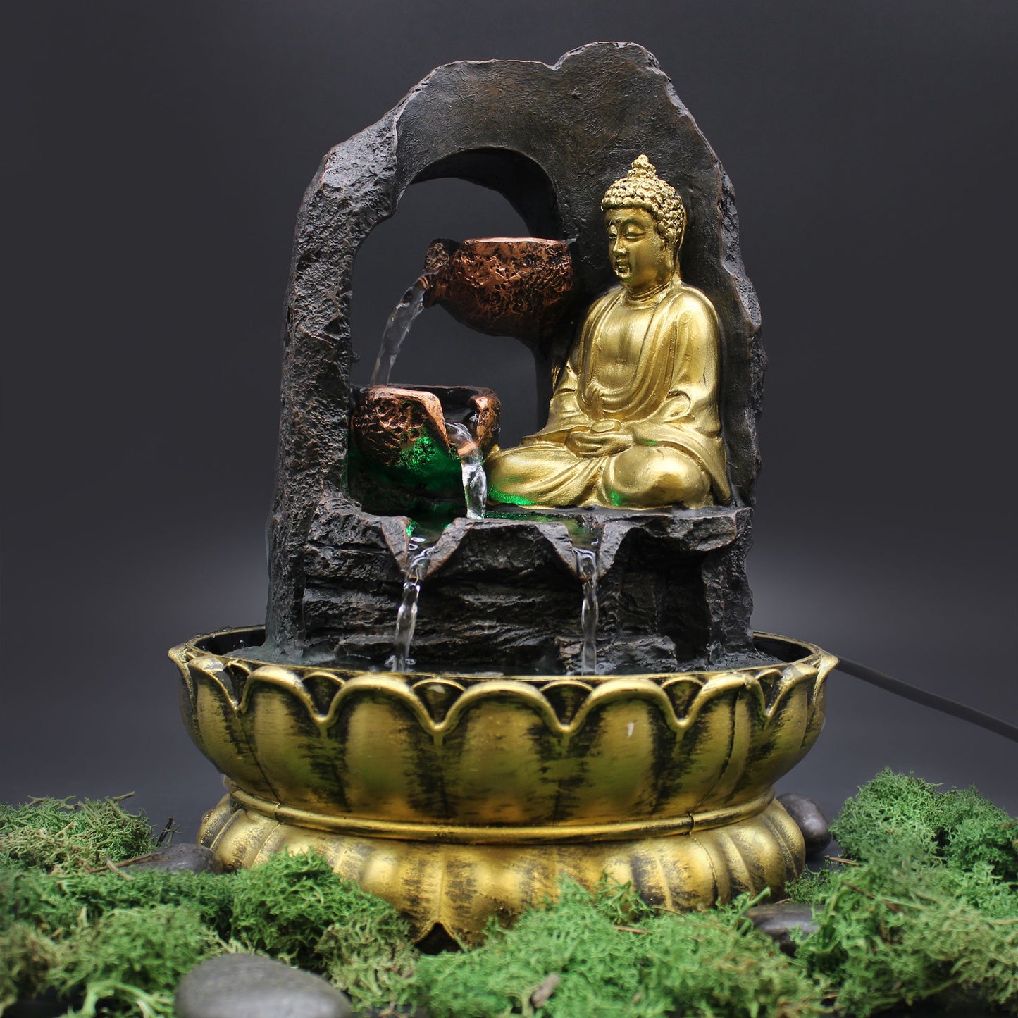 Goldener Buddha Tischbrunnen – Feng Shui Wasserspiel mit LED-Beleuchtung, 30 cm