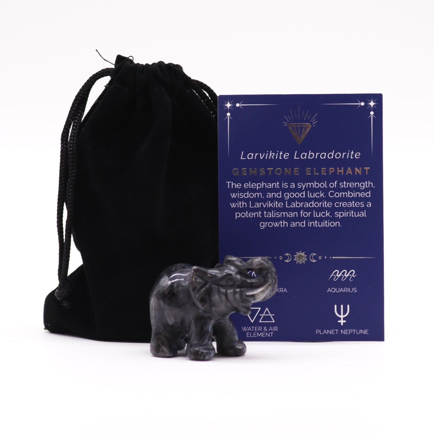 Handgeschnitzter Elefant aus Larvikit & Labradorit – Glücksbringer 5,5 cm