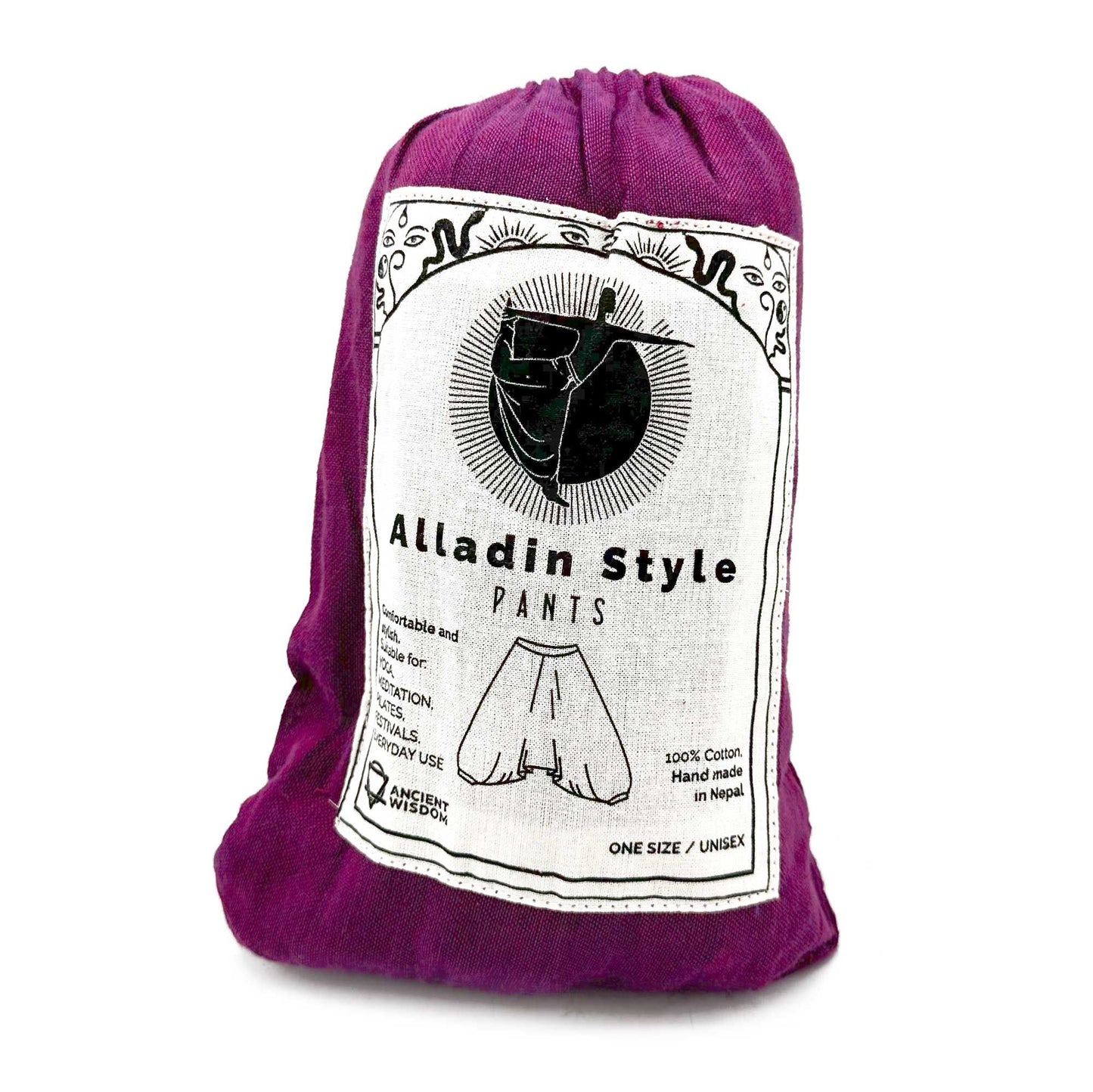 Yogahose mit Himalaya-Aladin-Druck in Lila - Bequeme Festivalhose aus Baumwolle