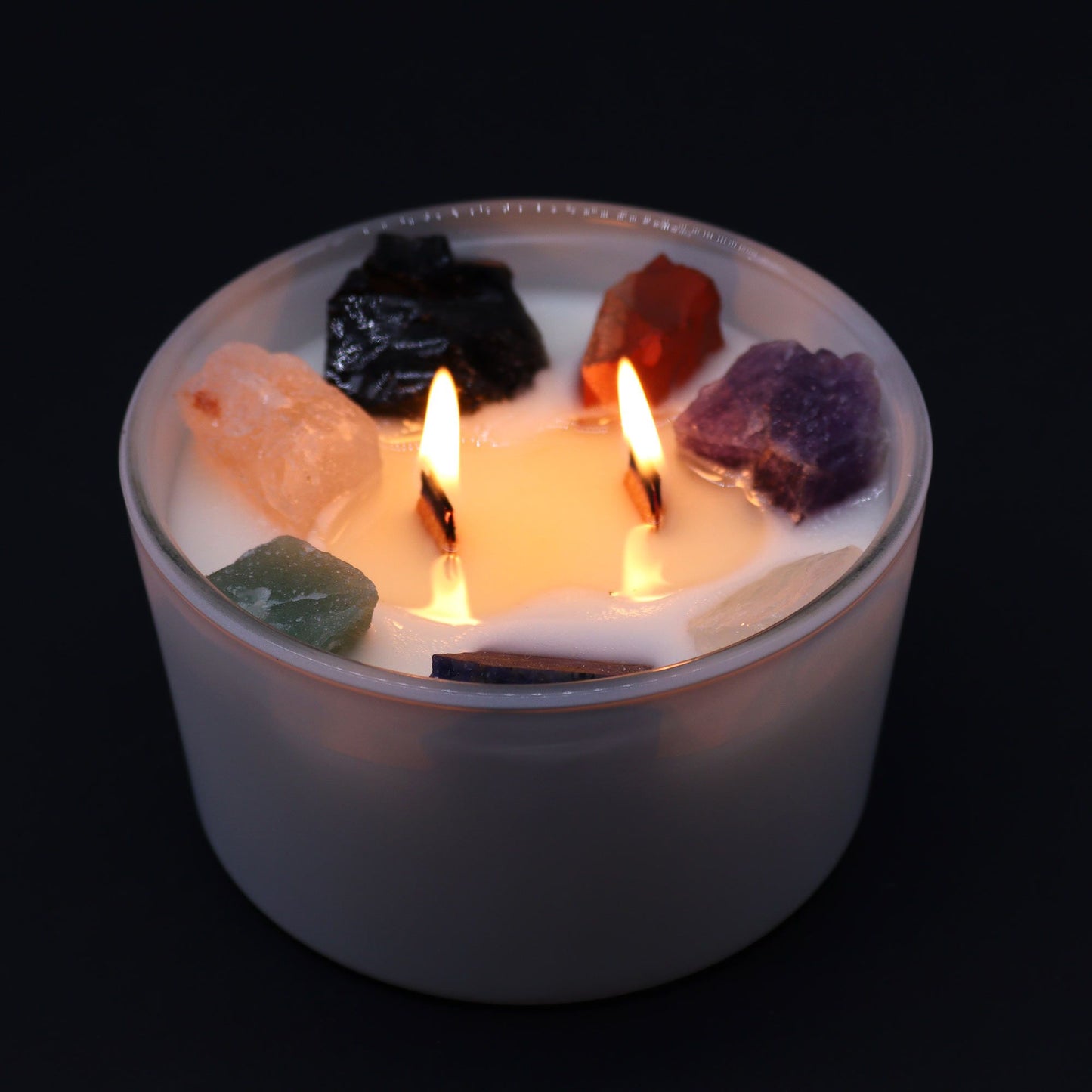 Chakra-Kristallkerze 'Mondstrahlen' mit 7 Heilsteinen