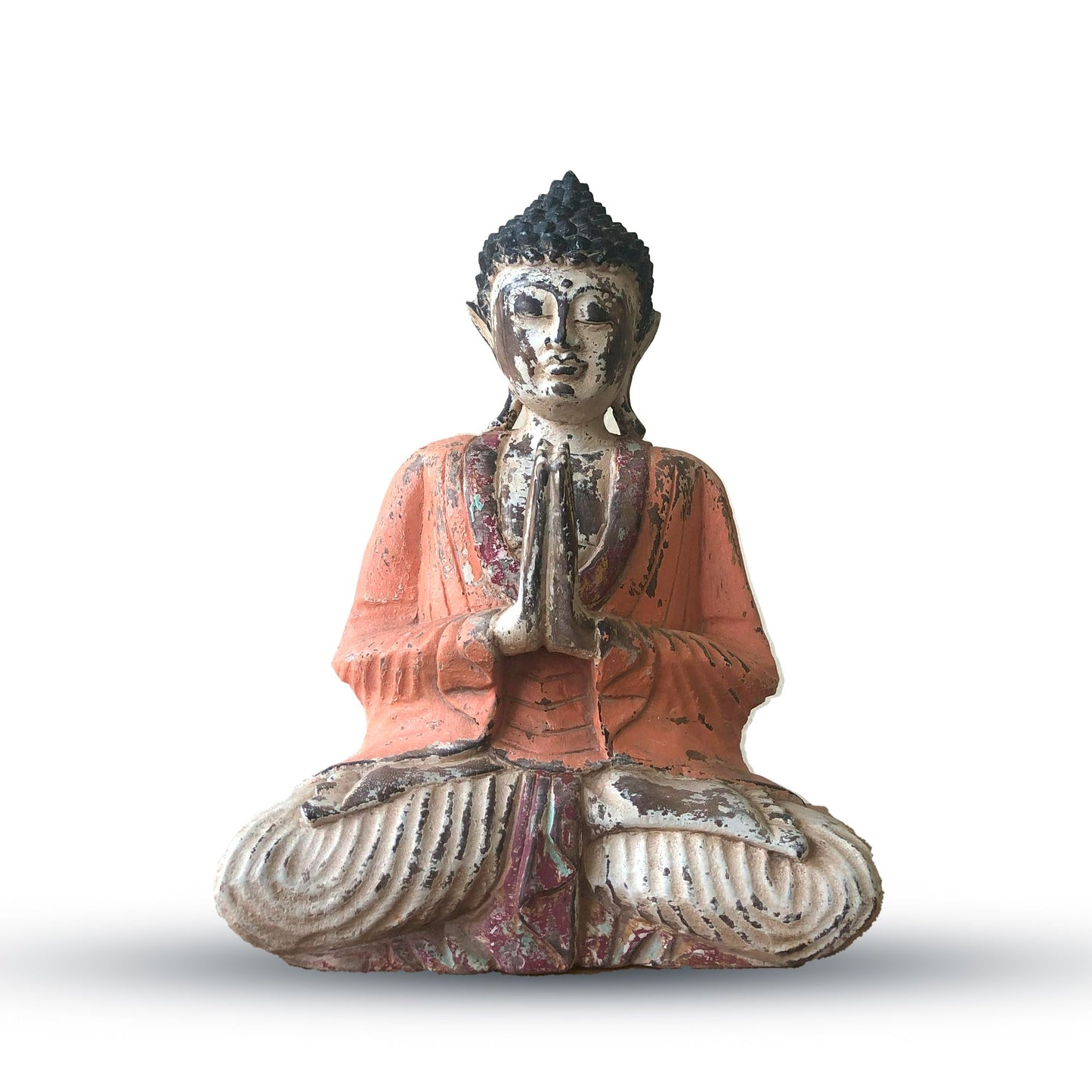 Buddha-Statue 'Welcome' in Vintage-Orange - Handgeschnitzt aus Suar-Holz, 30 cm
