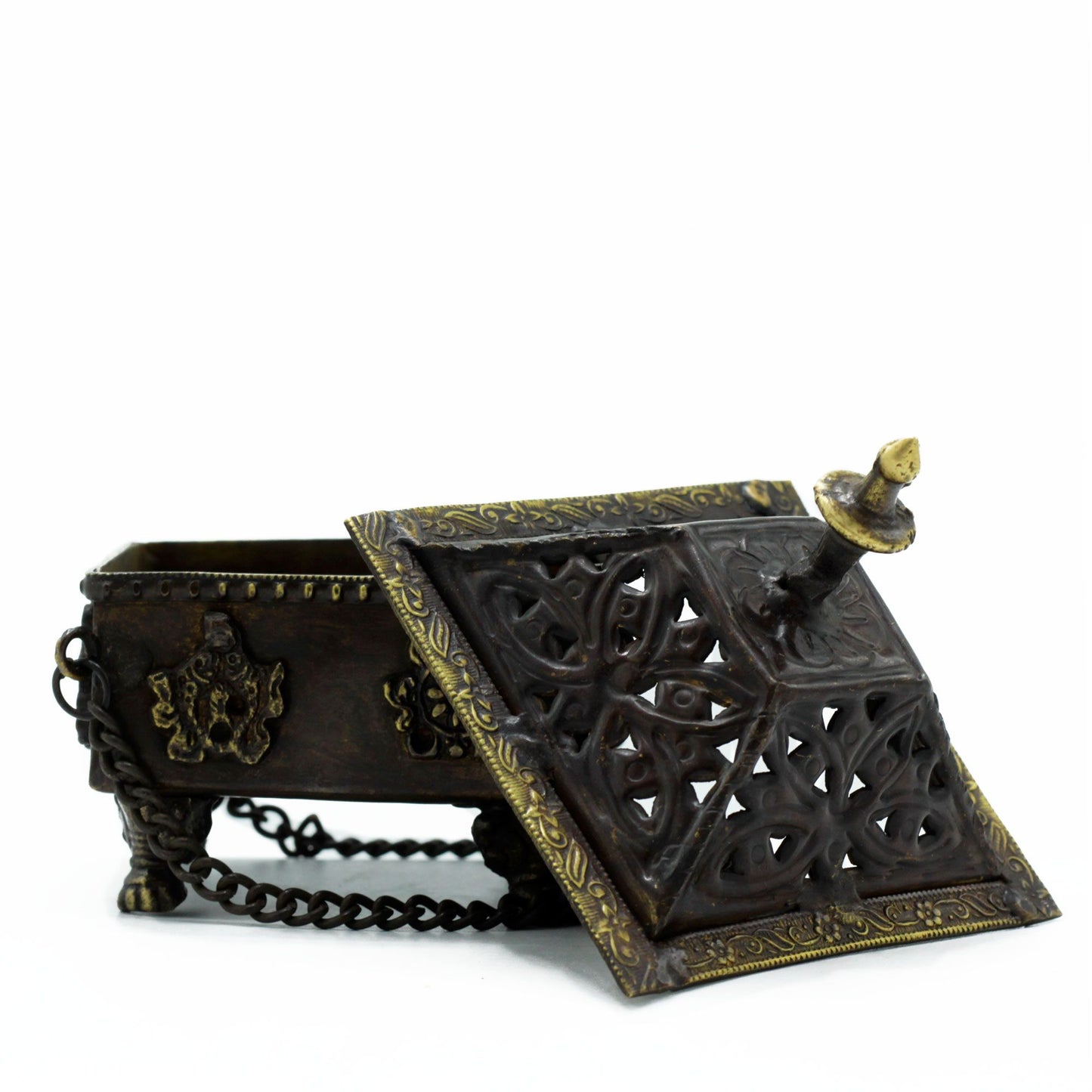 Tibetischer Räucherhalter 'Acht Symbole' – Handgefertigt aus Messing mit Grünspan-Patina