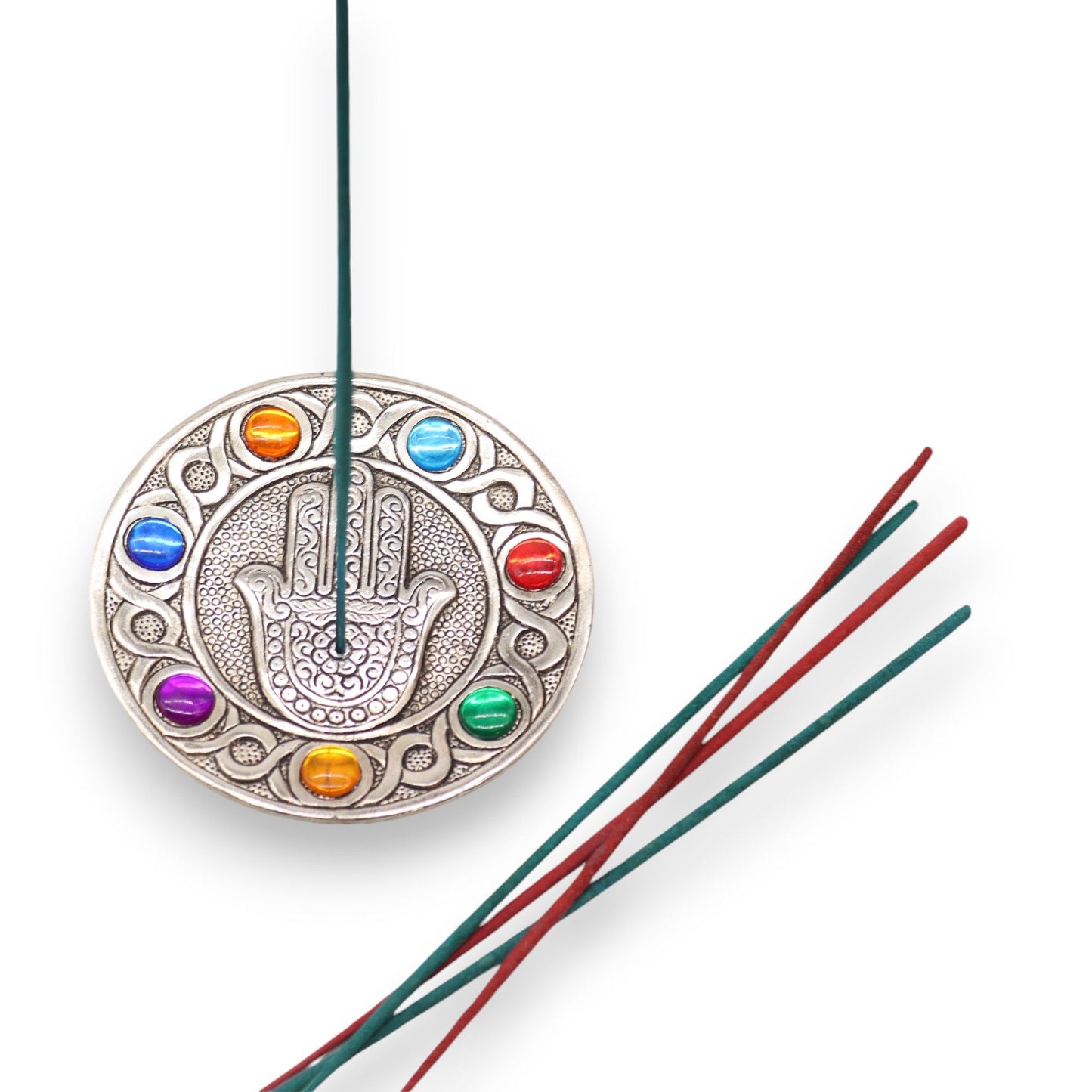 Hamsa Hand Räucherstäbchenhalter mit 7 Chakren – 11,5 cm aus poliertem Aluminium