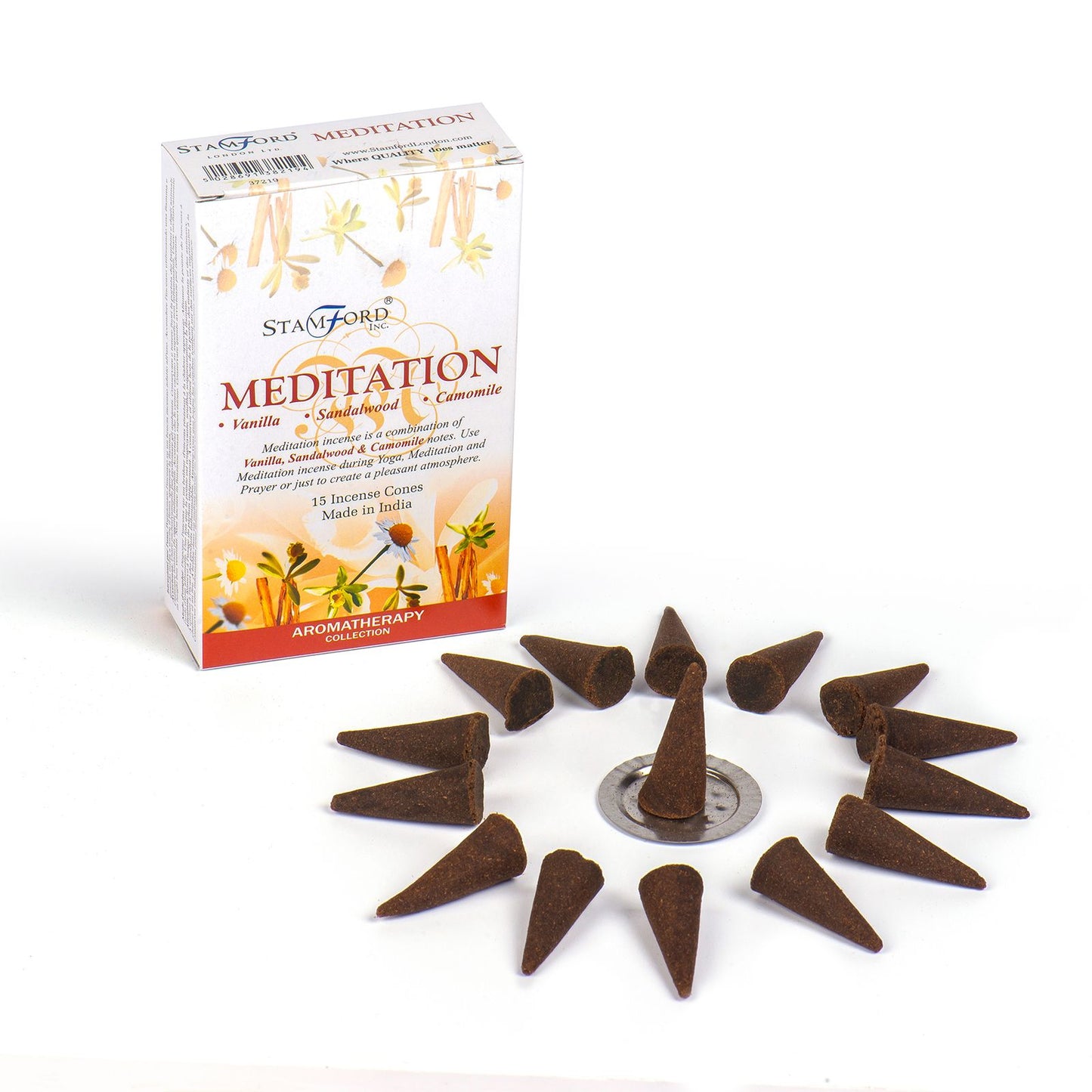 Stamford Meditation Räucherkegel-Set – 15 Stück mit Metallhalter für Ruhe & Achtsamkeit