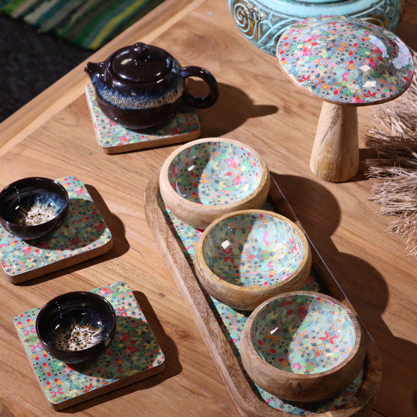 Servierset 'Pretty Floral' aus Mangoholz mit 3 Schalen