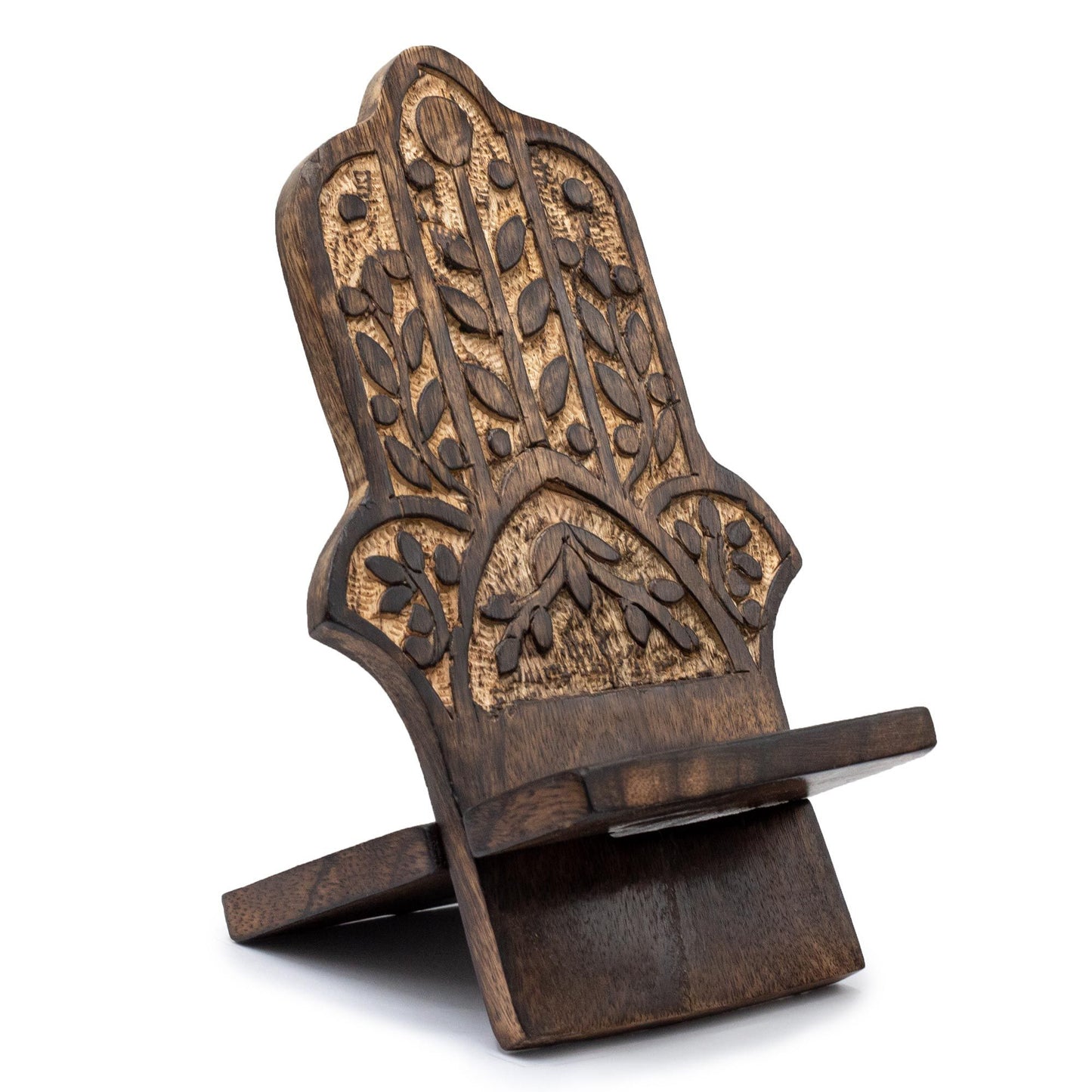 Handyhalter aus Mangoholz mit Hamsa-Motiv – Einzigartiges Unikat