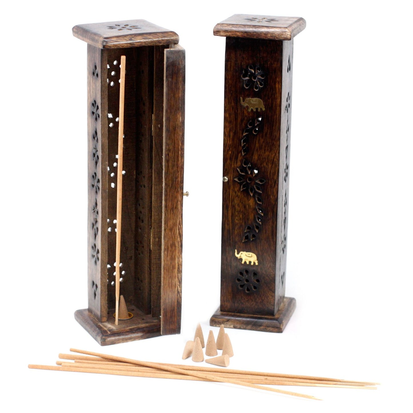Räucherturm aus Mangoholz mit Messingakzenten – Quadratischer Halter für Räucherstäbchen