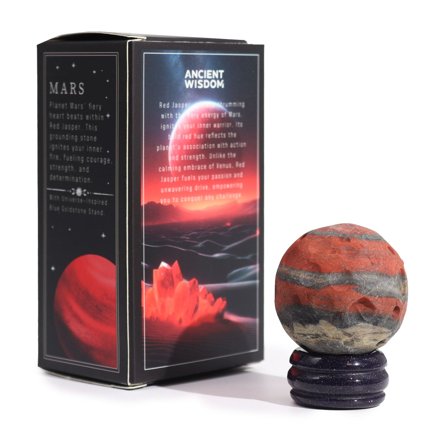Mars-Planet aus Rotjaspis 40mm - Edelsteinkugel auf Goldfluss-Sockel