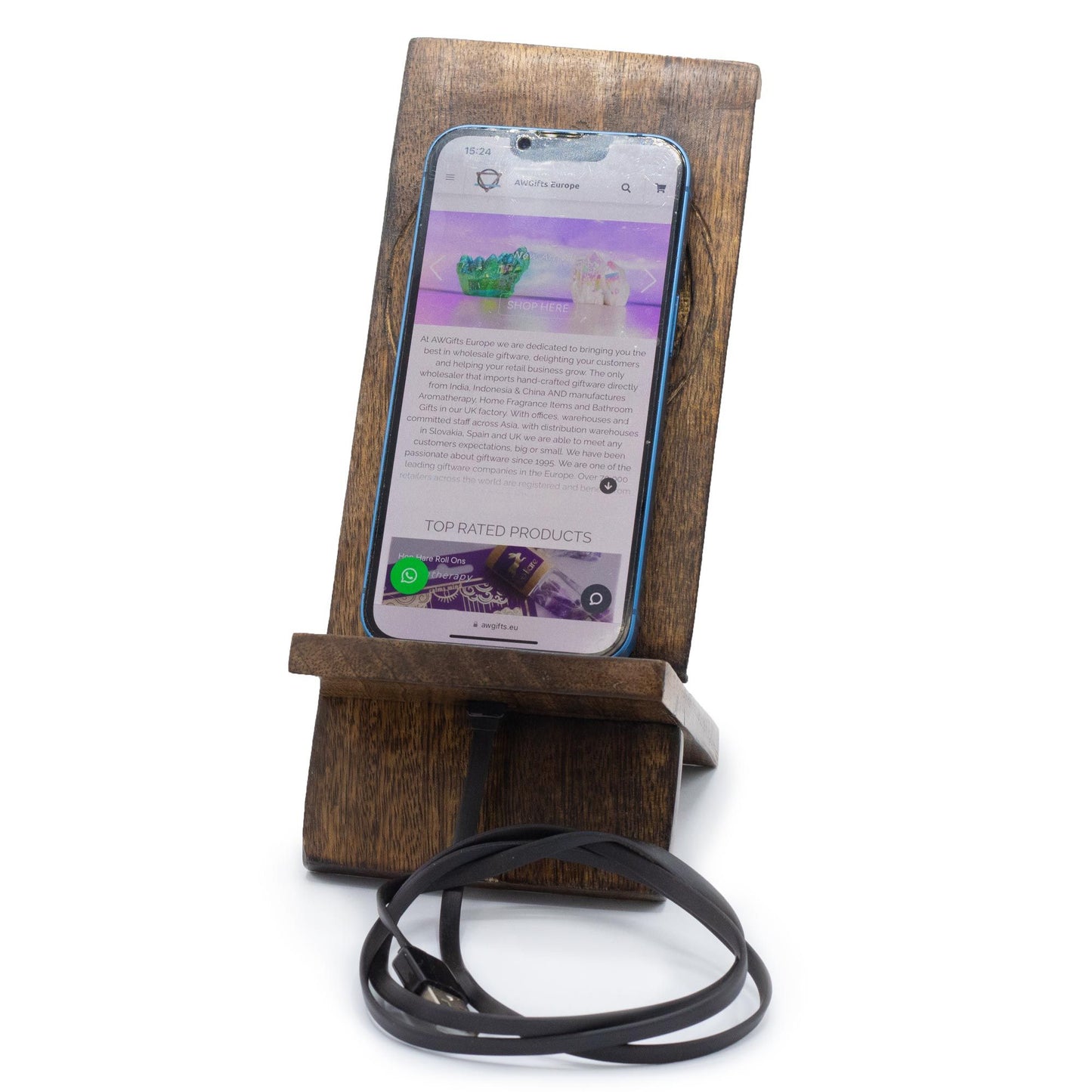 Handyhalter aus Mangoholz mit Lebensbaum-Motiv – Natürliche Deko für Ihr Smartphone