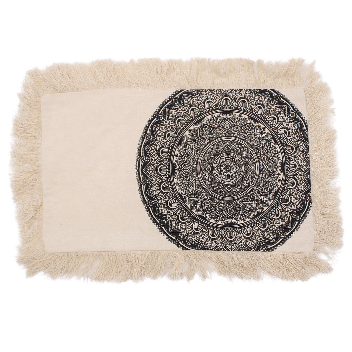 Mandala Kissenbezug Schwarz 30x50 cm - Handgefertigte Fransen aus Baumwolle