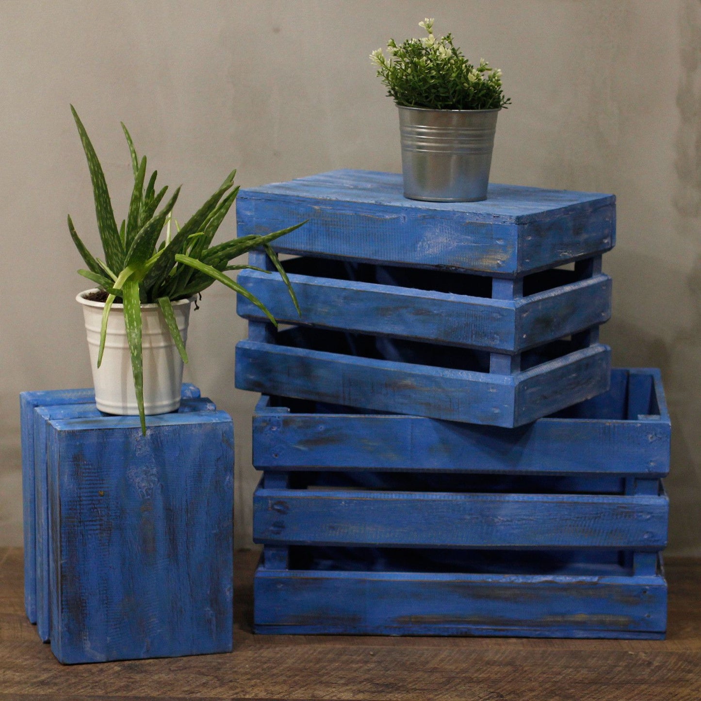 Set aus 3 Aufbewahrungsboxen in Blaugrau - Handgefertigt aus Albesia-Holz