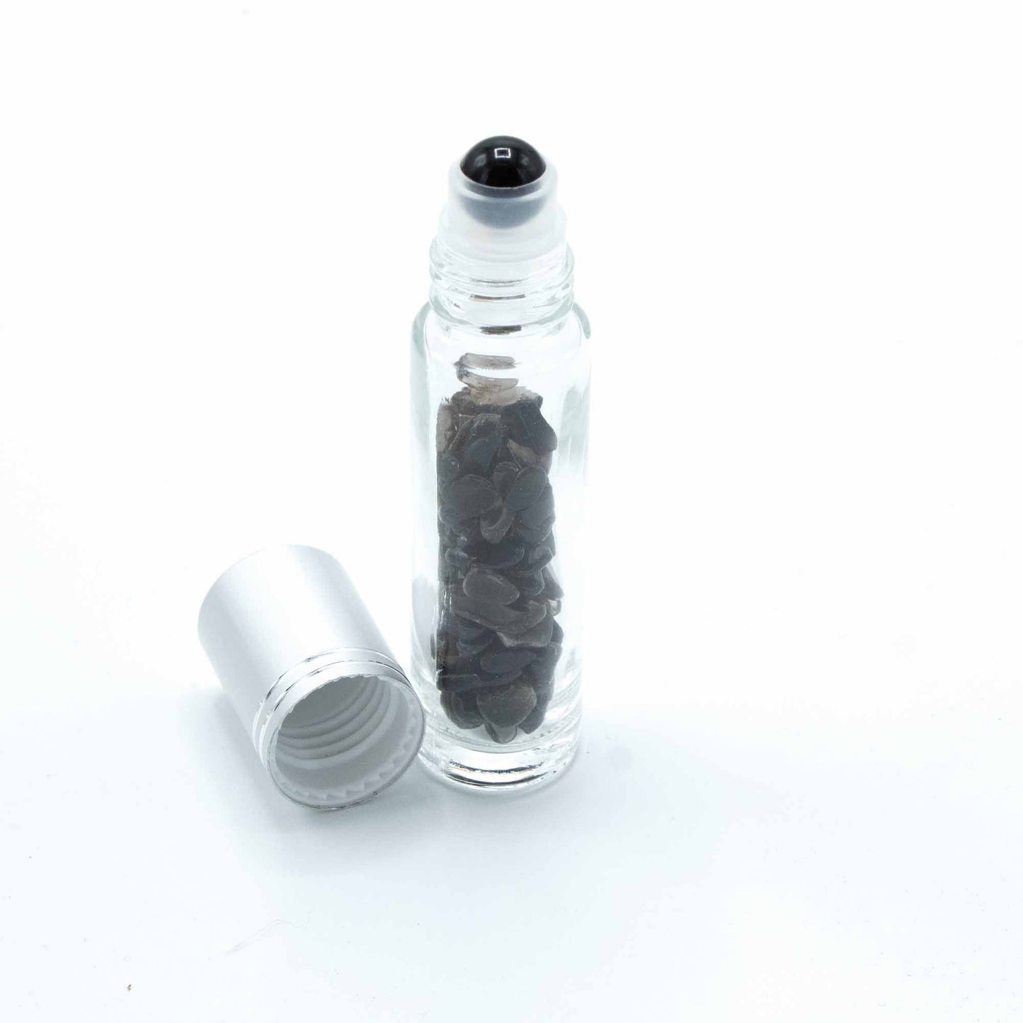 Roll-On-Flasche mit schwarzem Turmalin – 5 ml mit silberner Kappe und Edelstein-Roller