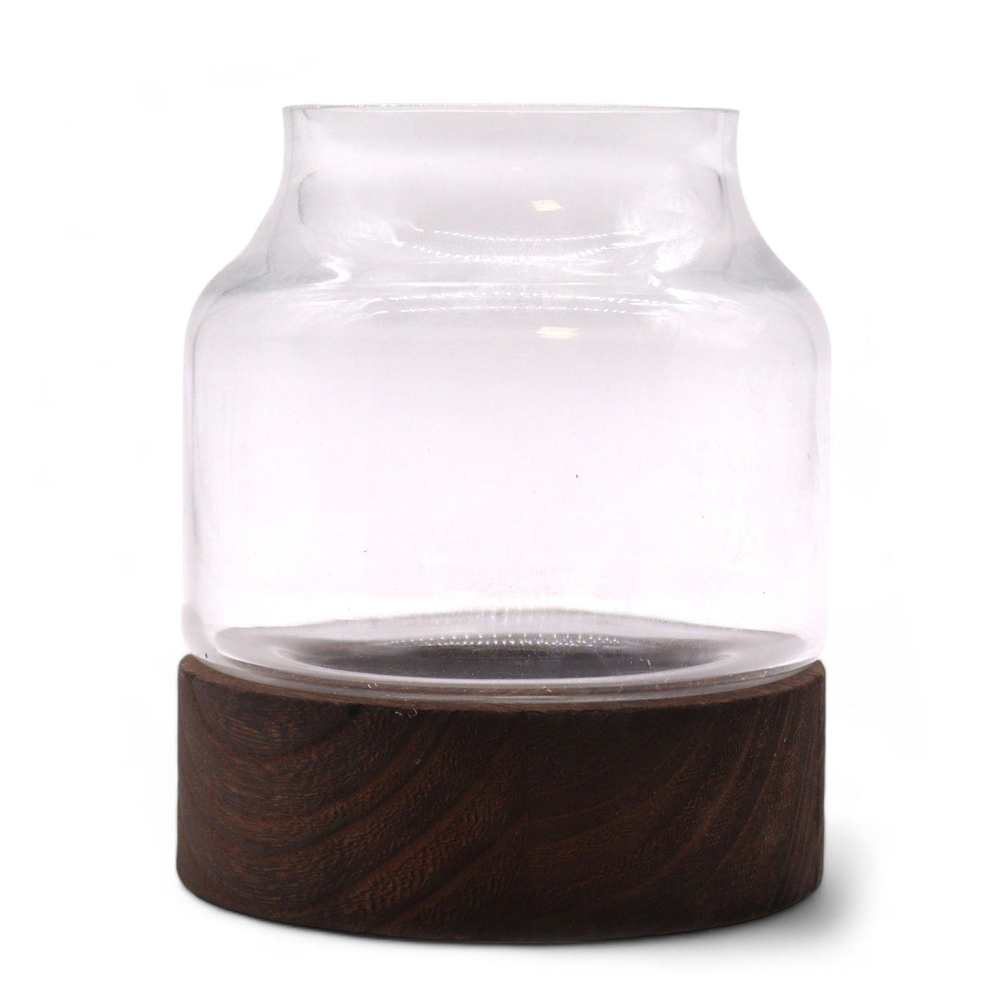 Geometrisches Glas-Terrarium auf Edelholz-Sockel – 12x13 cm