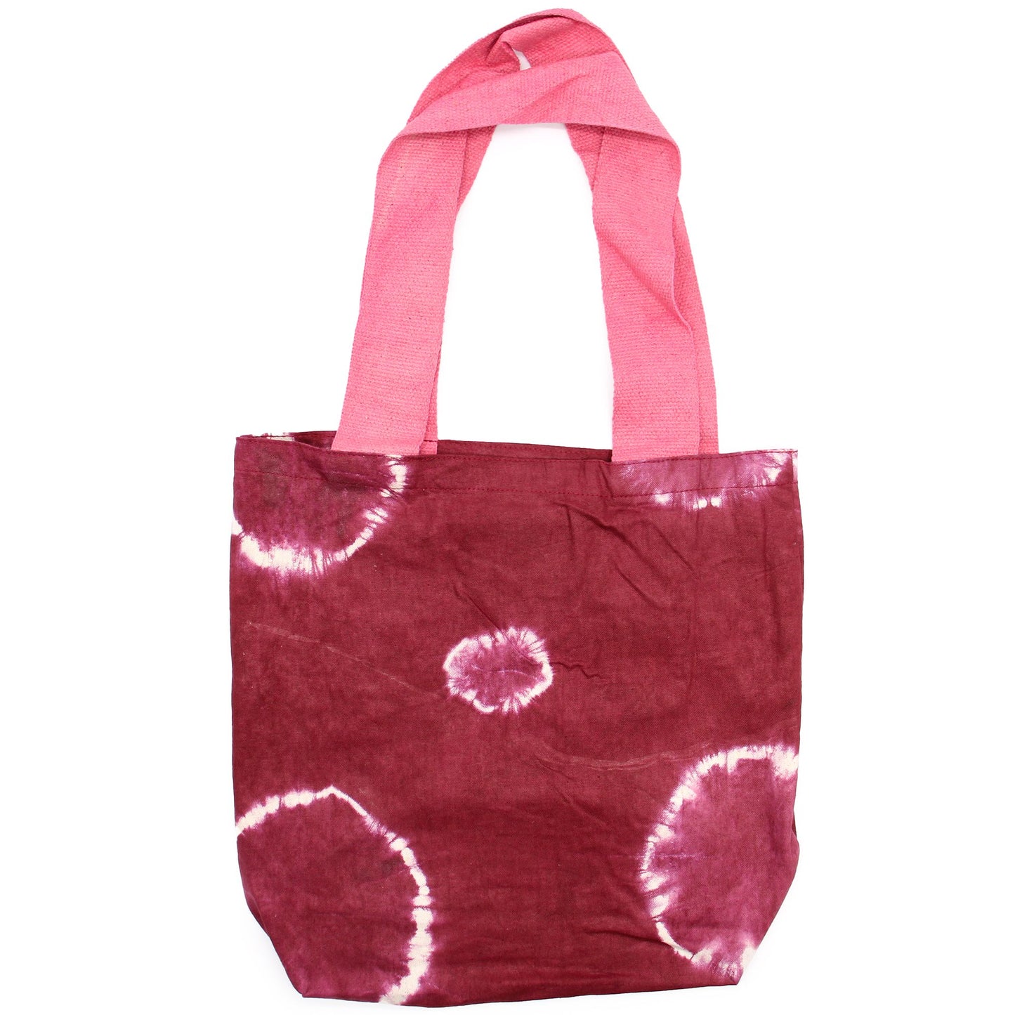 Handgefertigte Batik-Tasche in Maroon-Ringoptik mit Pinkem Griff