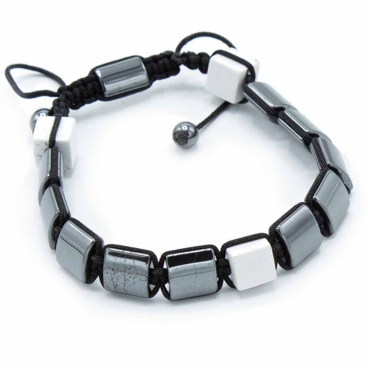 Shamballa Armband mit magnetischem Hämatit und weißen Jaspis-Würfeln