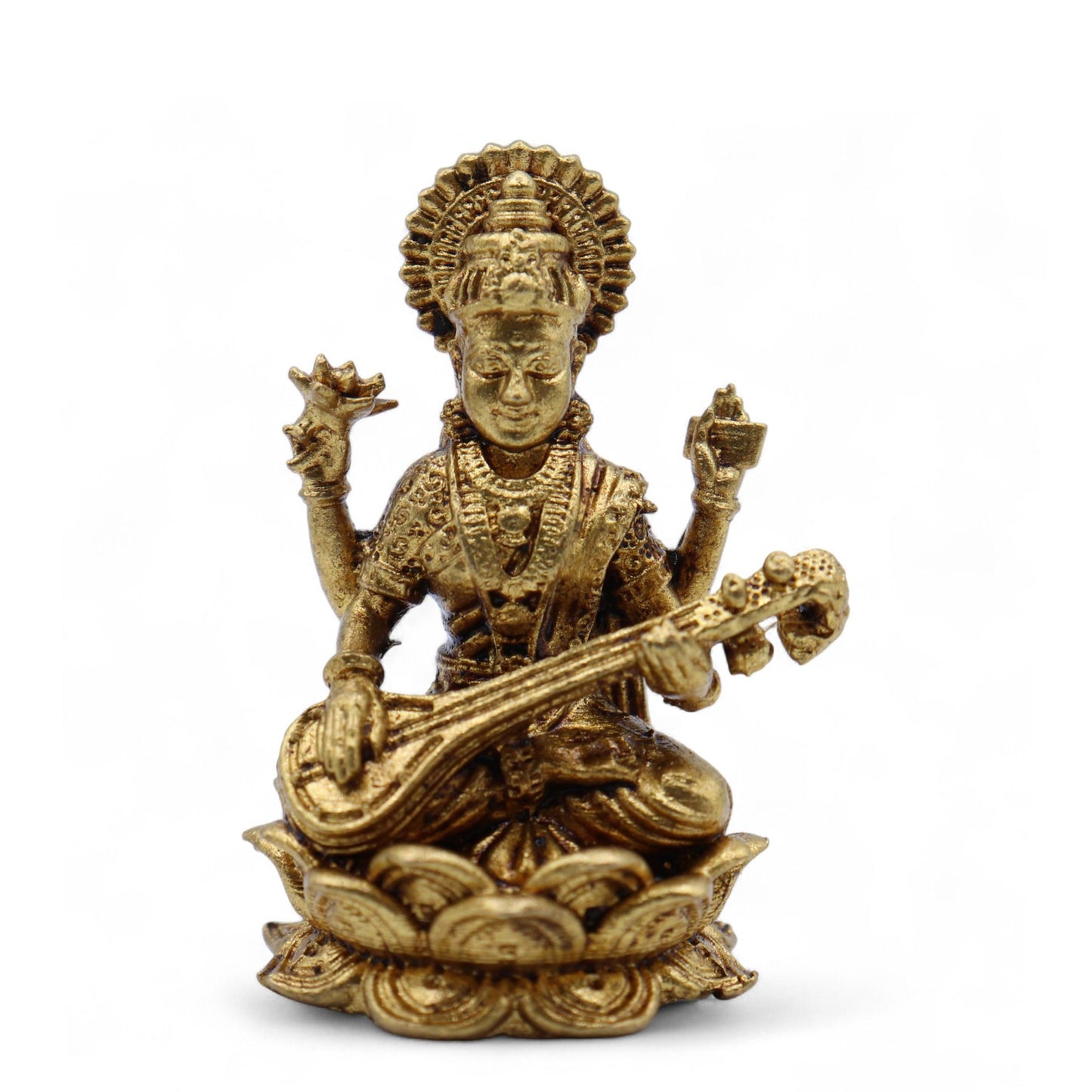 Messing-Statuette Saraswati – Göttin der Weisheit & Kunst (34 mm)