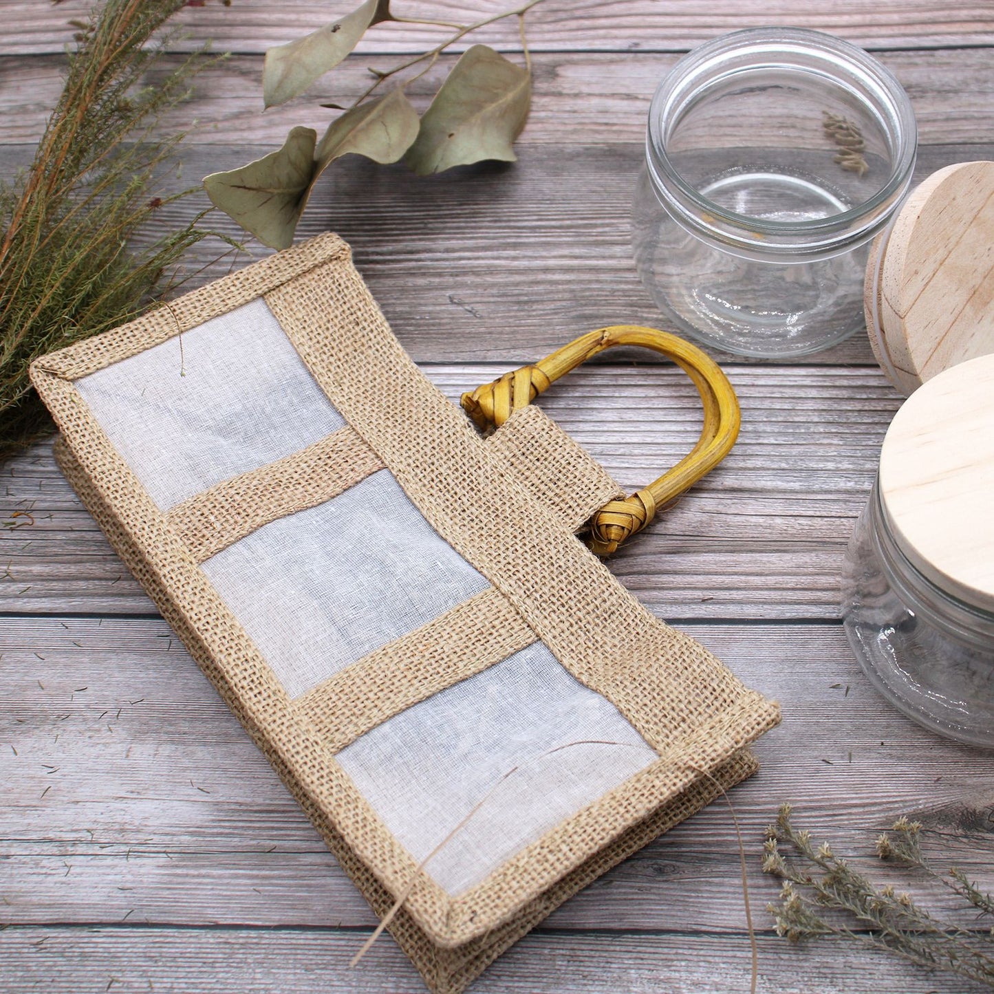 Set mit 3 Jute-Geschenkbeuteln mit Sichtfenstern
