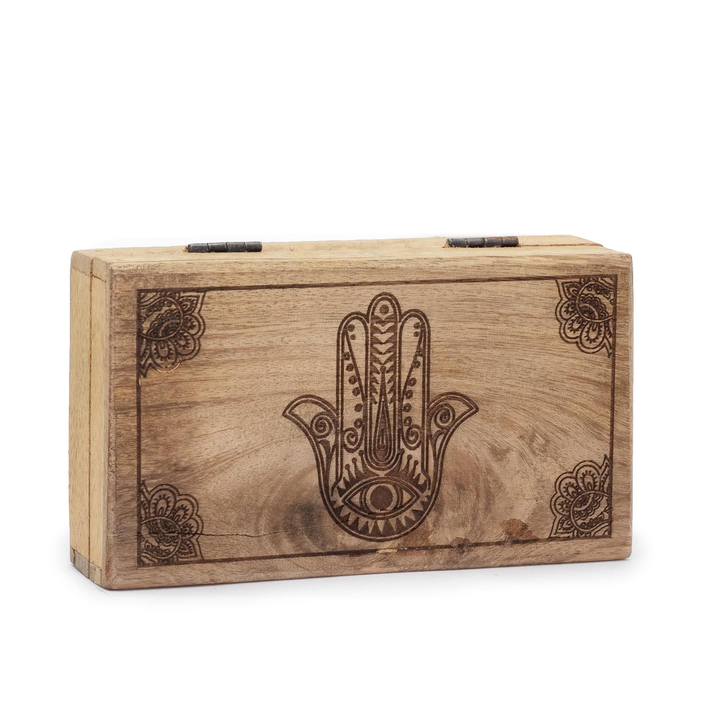 Schatulle mit Hamsa-Gravur - Handgeschnitzt aus Mangoholz, 17x10x4,2 cm in Schwarz