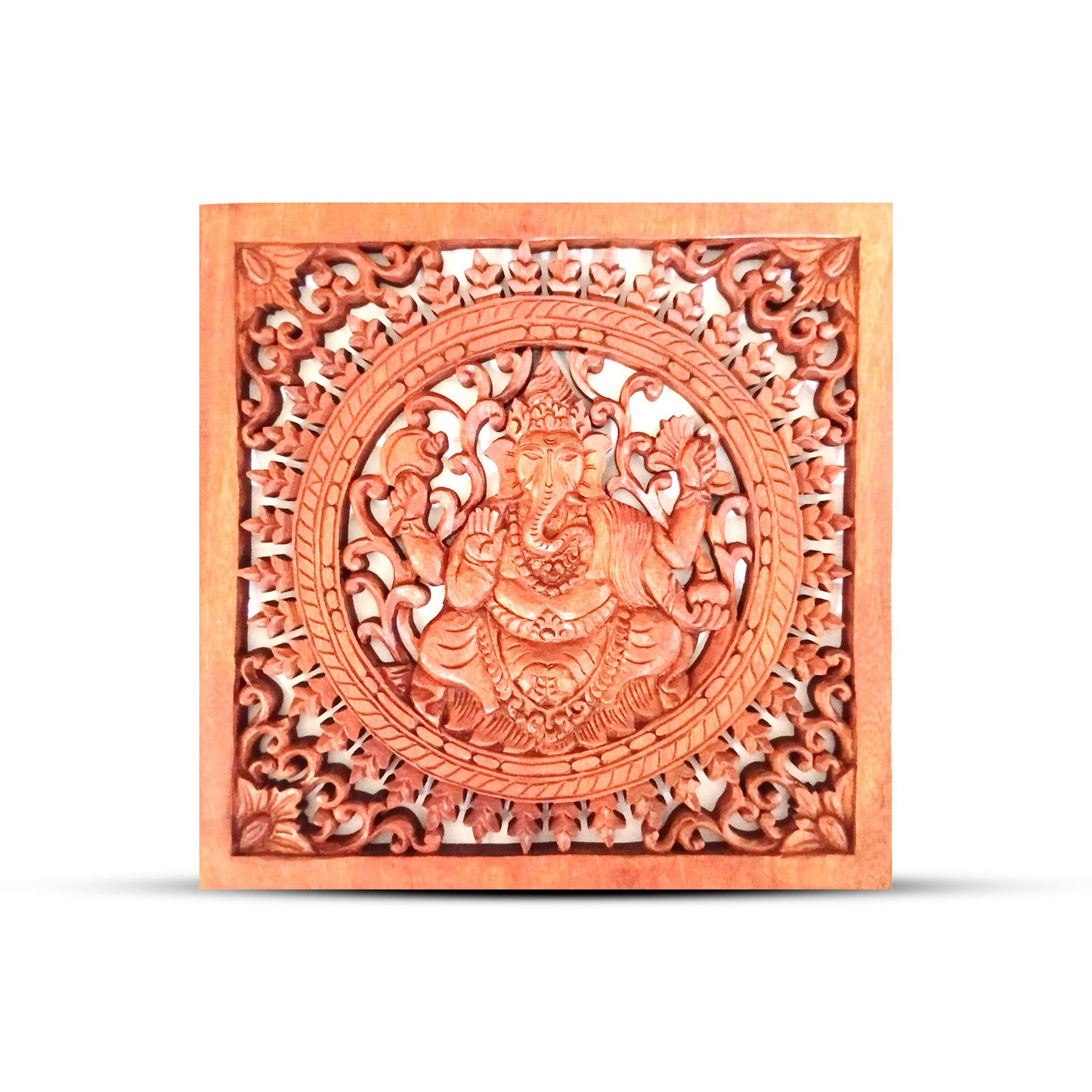 Wandkunst 'Buddha Ganesh' | Handgeschnitztes Holzpanel 40x40 cm | Unikat