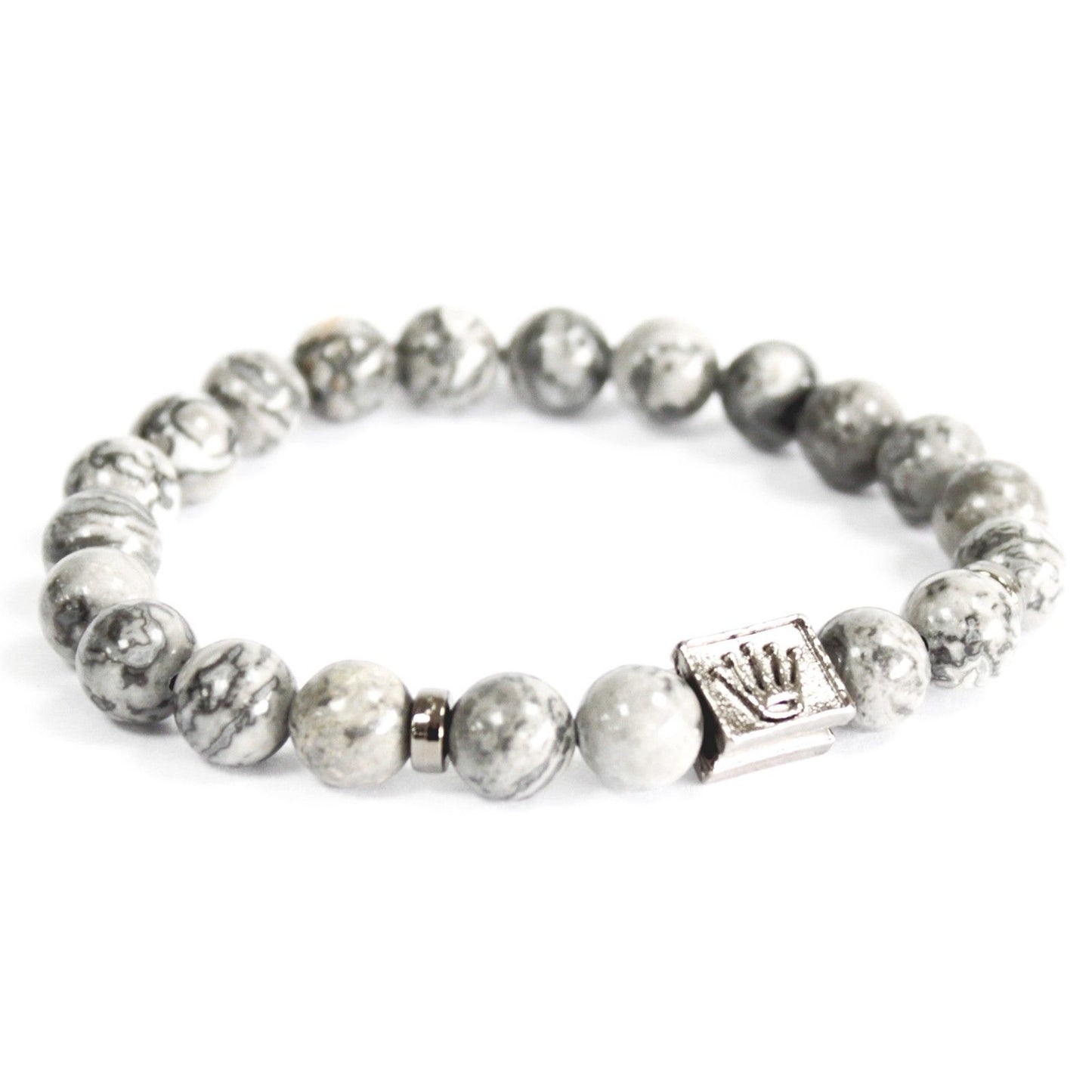 Dehnbares Grauachat-Armband mit Kronenbarren – Schutzstein & spirituelles Accessoire