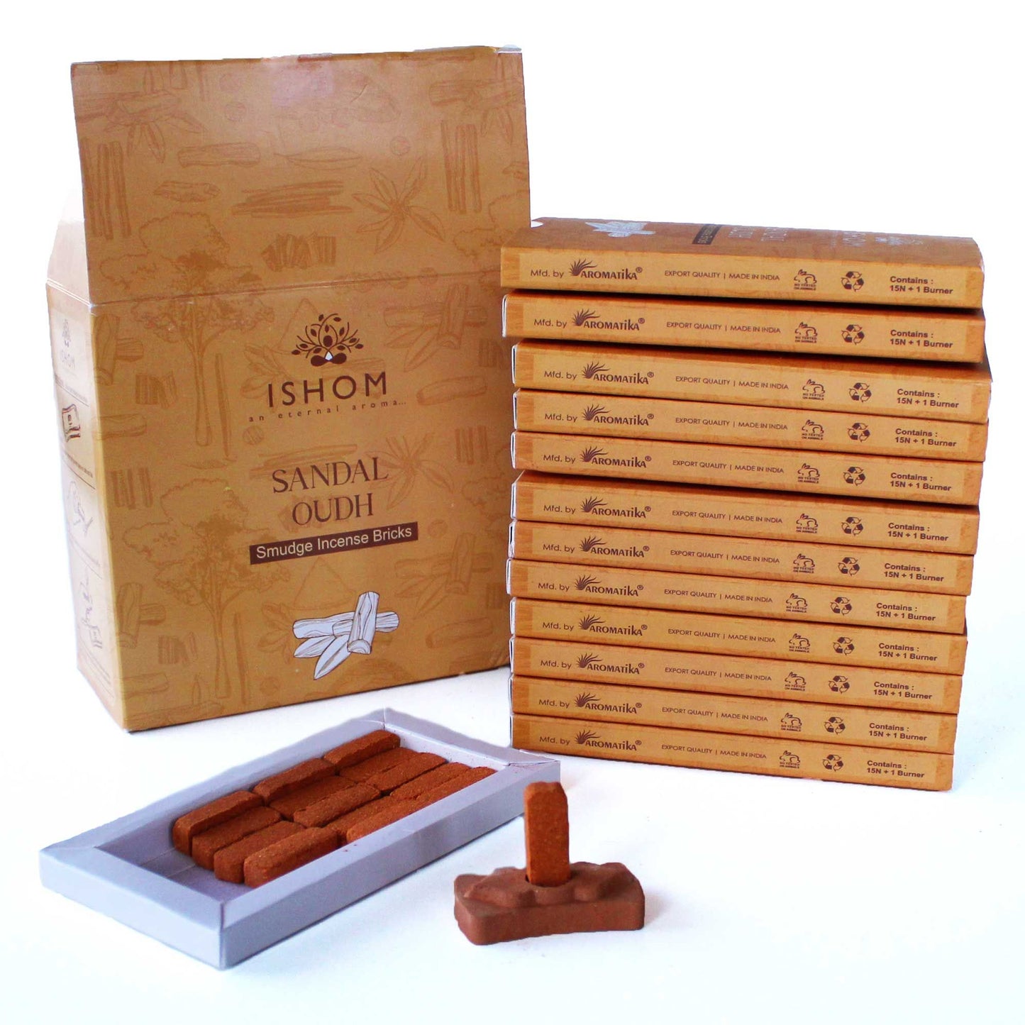 Räucherziegel-Set Sandelholz & Oudh – 15 Stück mit Terrakotta-Brenner