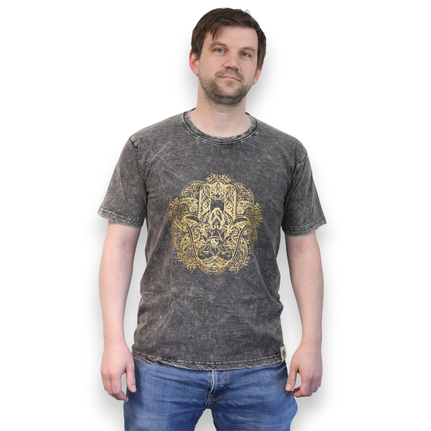 Hamsa T-Shirt in Dunkelgrau - Steinwäsche Vintage-Look