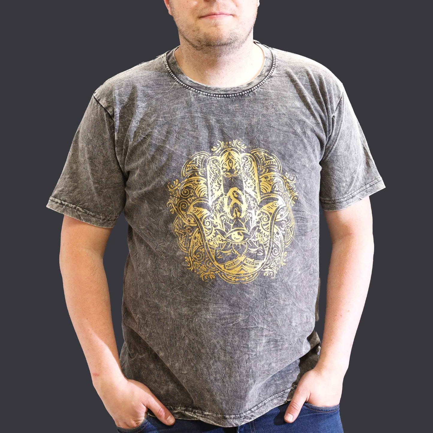 Hamsa Symbol T-Shirt - Dunkelgrau mit Vintage-Stonewash