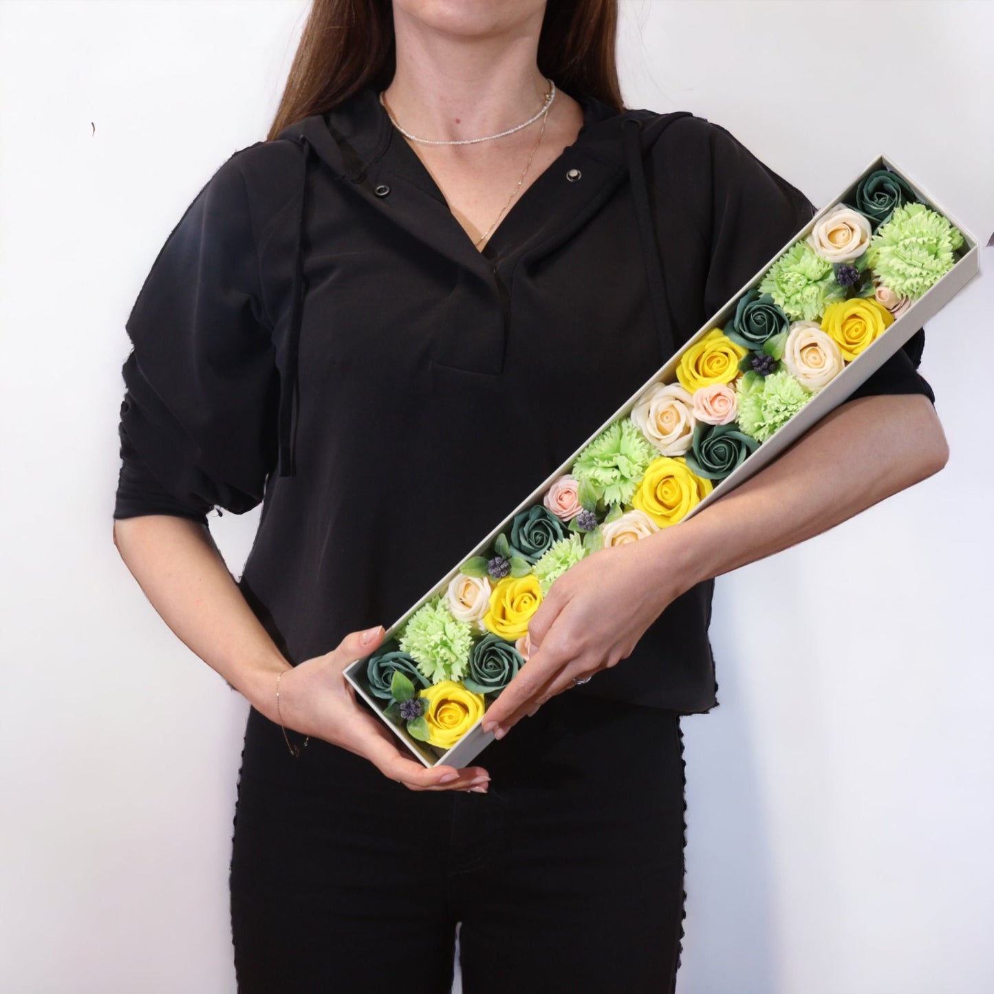 Geschenkbox 'Frühlingserwachen' mit Seifenblumen – Extra Lang in Gelb & Grün