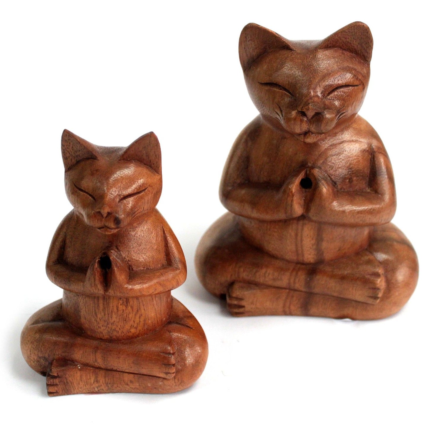 Yoga-Katze - Handgeschnitzter Räucherbrenner aus massivem Suar-Holz (Großformat)