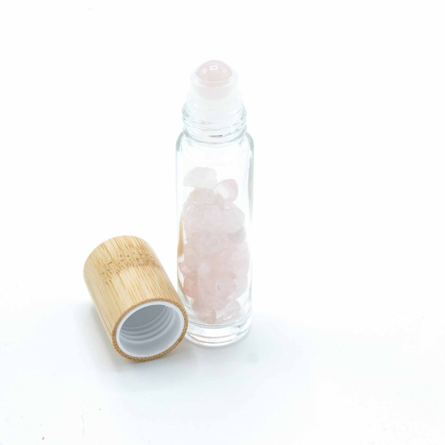 Roll-On Flasche mit Rosenquarz-Roller – 5 ml mit Holzverschluss