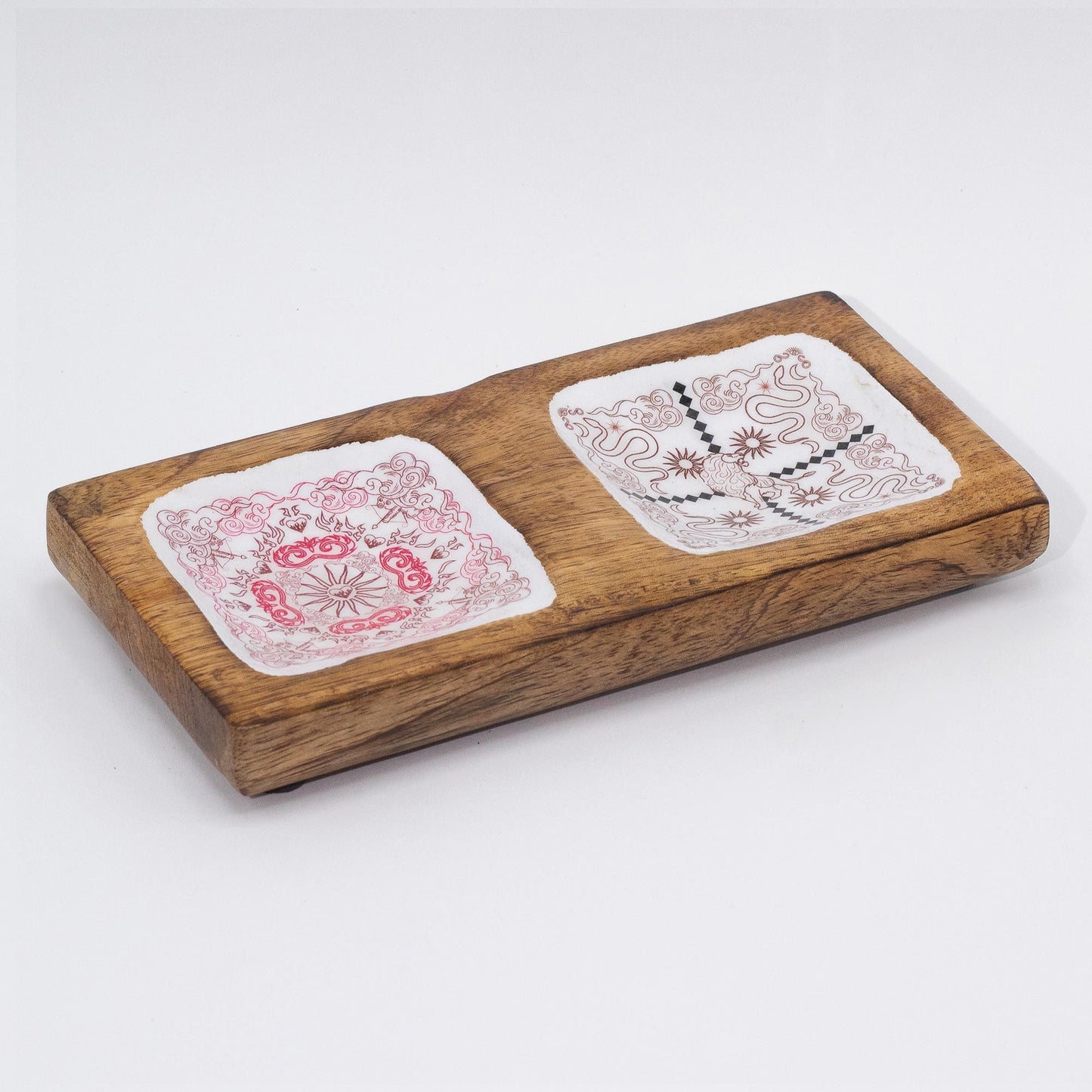 Double Trinket Tray aus Mangoholz - Handbemaltes Schmucktablett mit Emaille