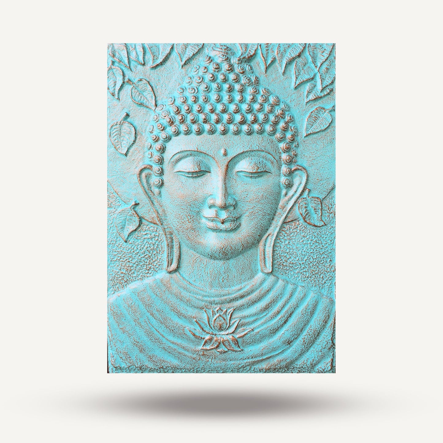 Wandrelief 'Meditierender Buddha' in Türkis - 70x100 cm auf Eisenrahmen