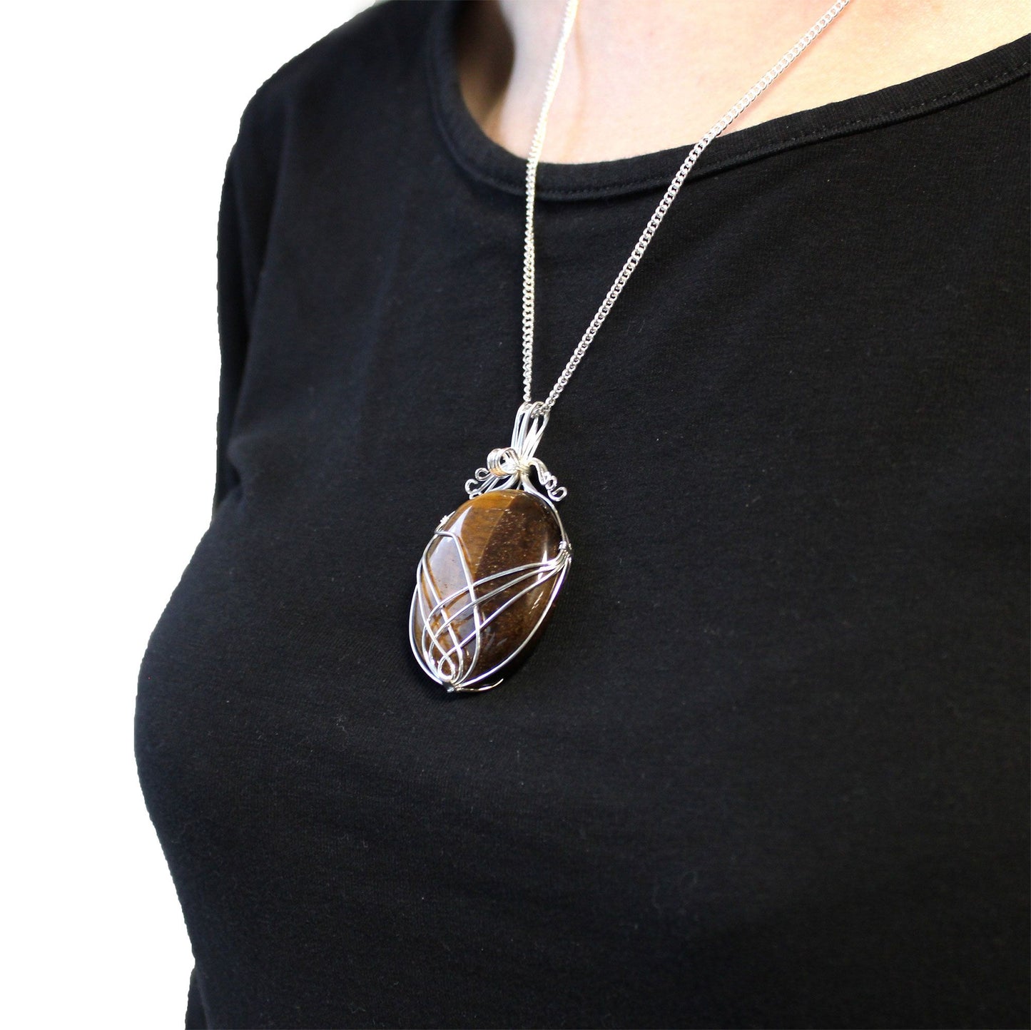 Edelsteinkette Tigerauge mit silbernem Wirbeldesign – Handgefertigtes Unikat