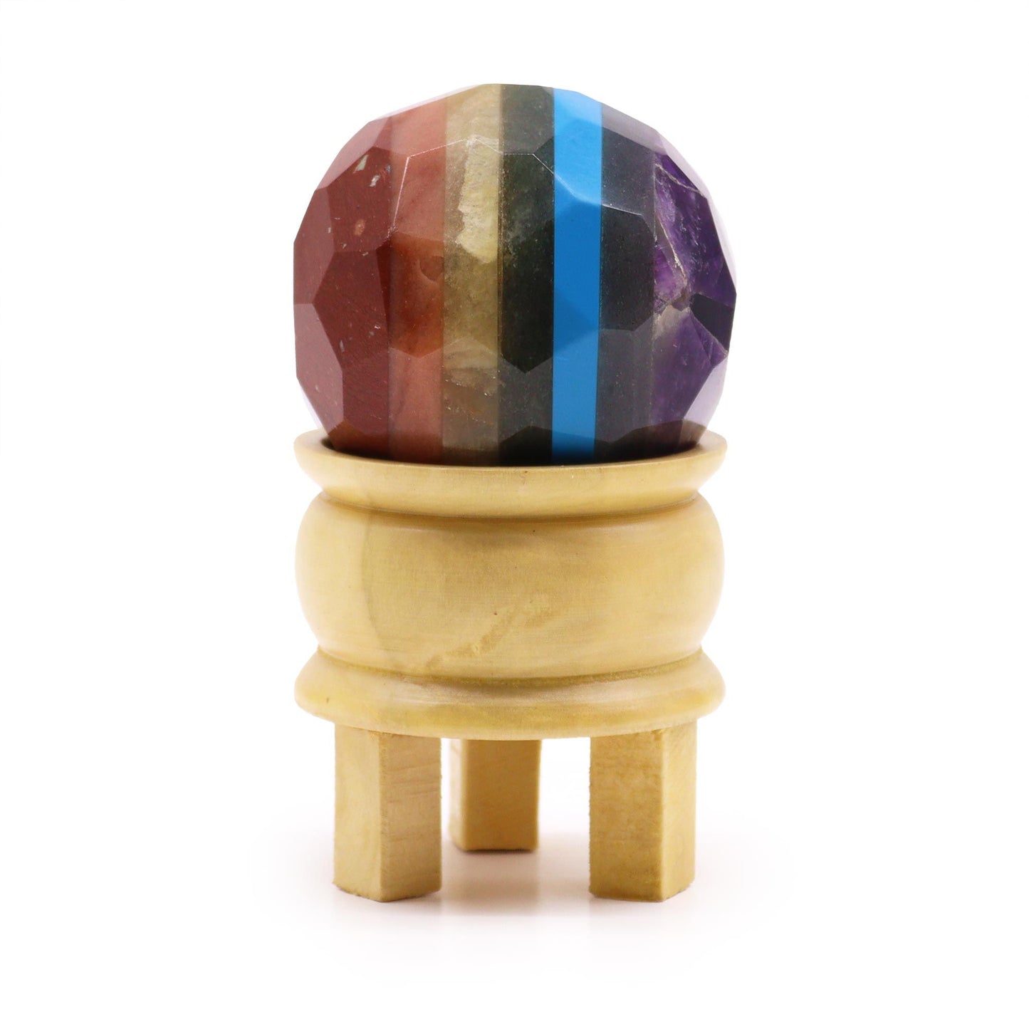 Facettiertes Edelstein-Set der 7 Chakren mit Holzständer – 5,5 cm Heilkugeln