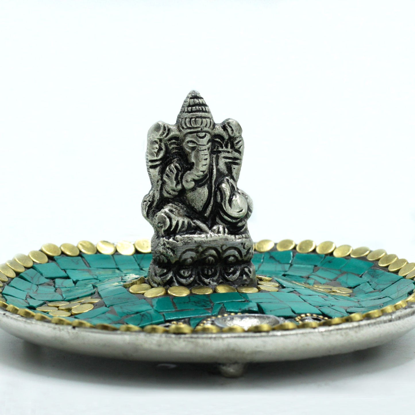 Ganesha Räucherstäbchenhalter - Handgefertigtes Metall-Mosaik in Türkis & Gold