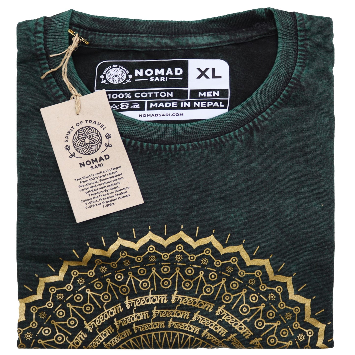 Steinwäsche T-Shirt mit Mandala-Motiv in Grün – Fair & Vintage