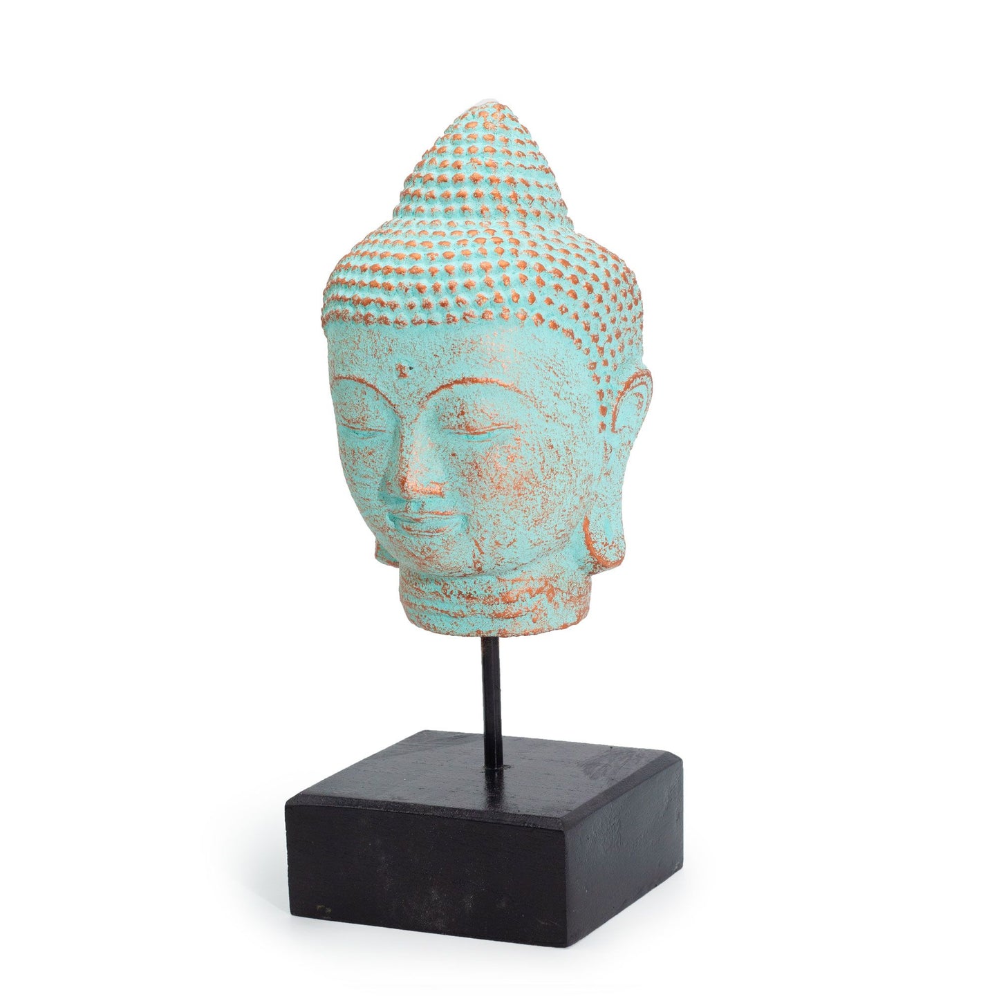 Buddha-Kopf Statue mit Holzstand - Handgefertigt aus Beton mit Grünkupfer-Patina