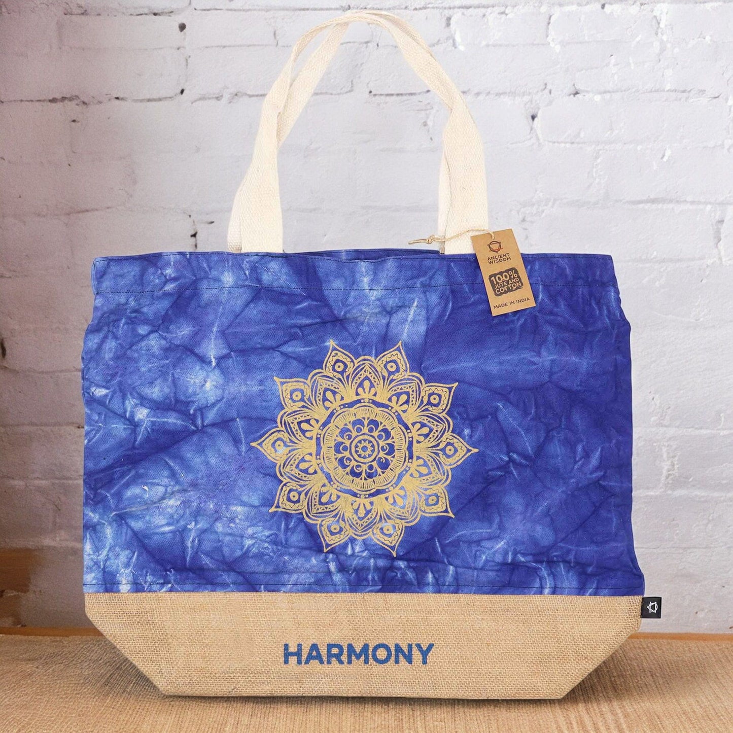 Mandala Harmonie Tasche in Blau Stonewash – Nachhaltige Baumwoll-Jute-Tasche